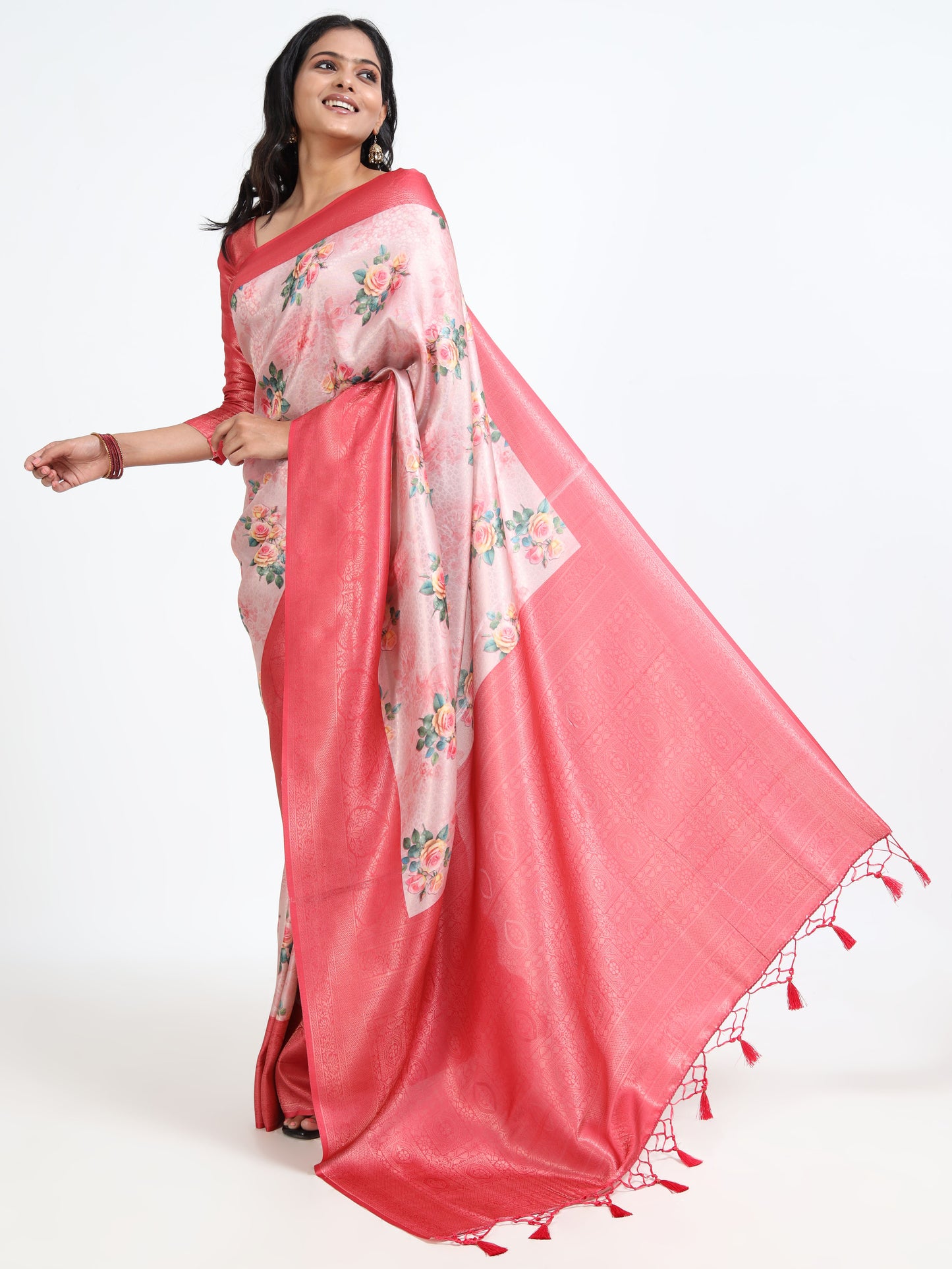 Flamingo Pink silk saree with matching unstitched blouse