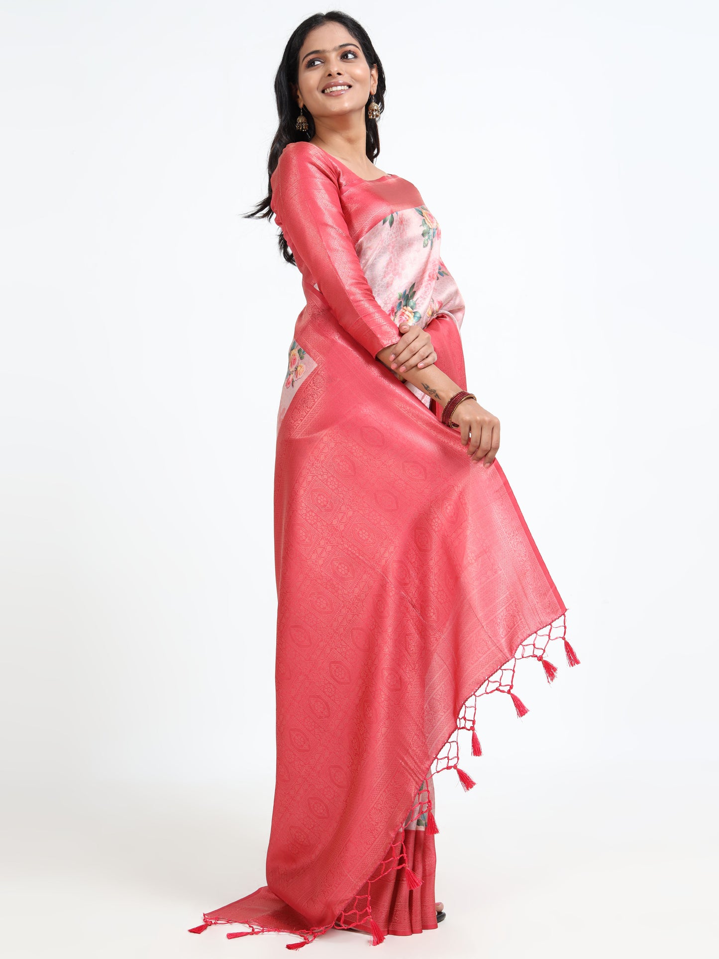 Flamingo Pink silk saree with matching unstitched blouse