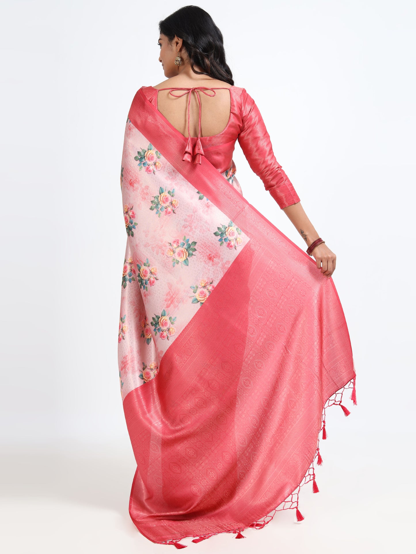 Flamingo Pink silk saree with matching unstitched blouse