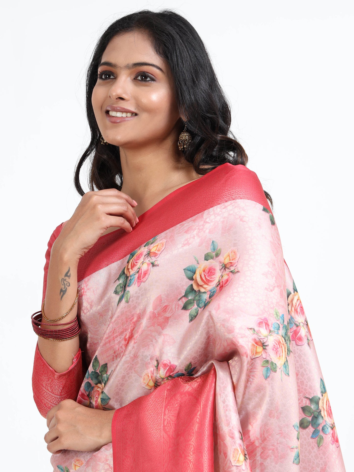 Flamingo Pink silk saree with matching unstitched blouse