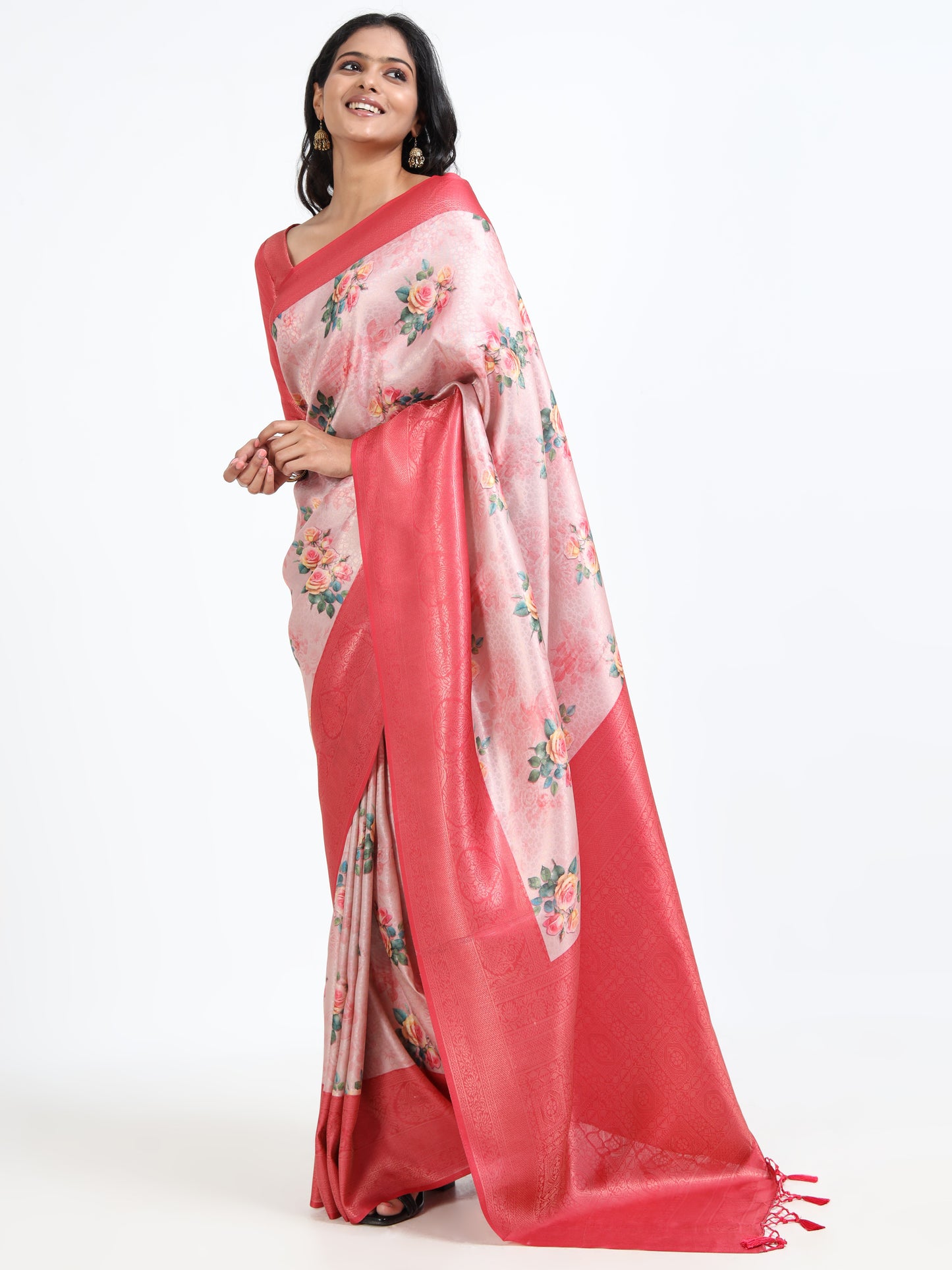 Flamingo Pink silk saree with matching unstitched blouse