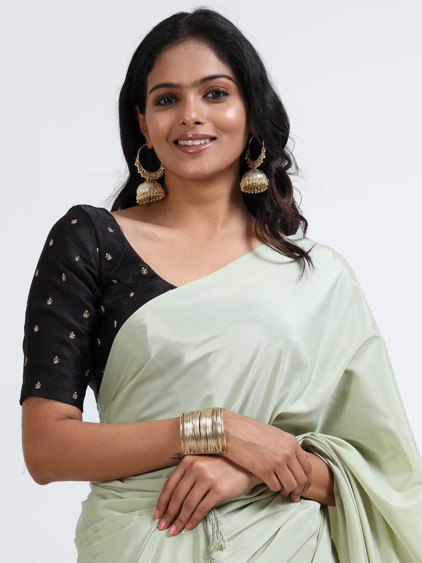 Panache Green silk saree with matching unstitched blouse