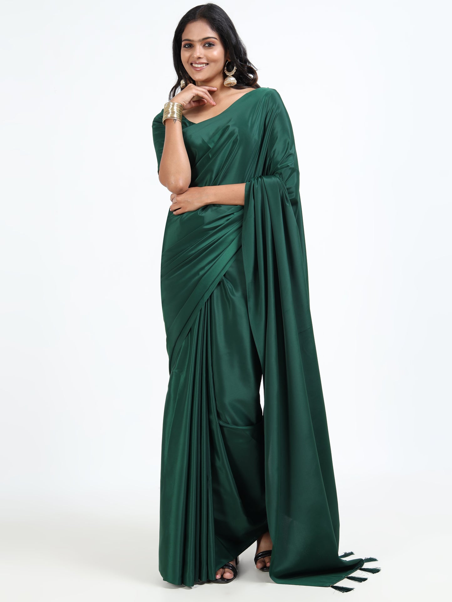 Bottle Green silk saree with matching unstitched blouse