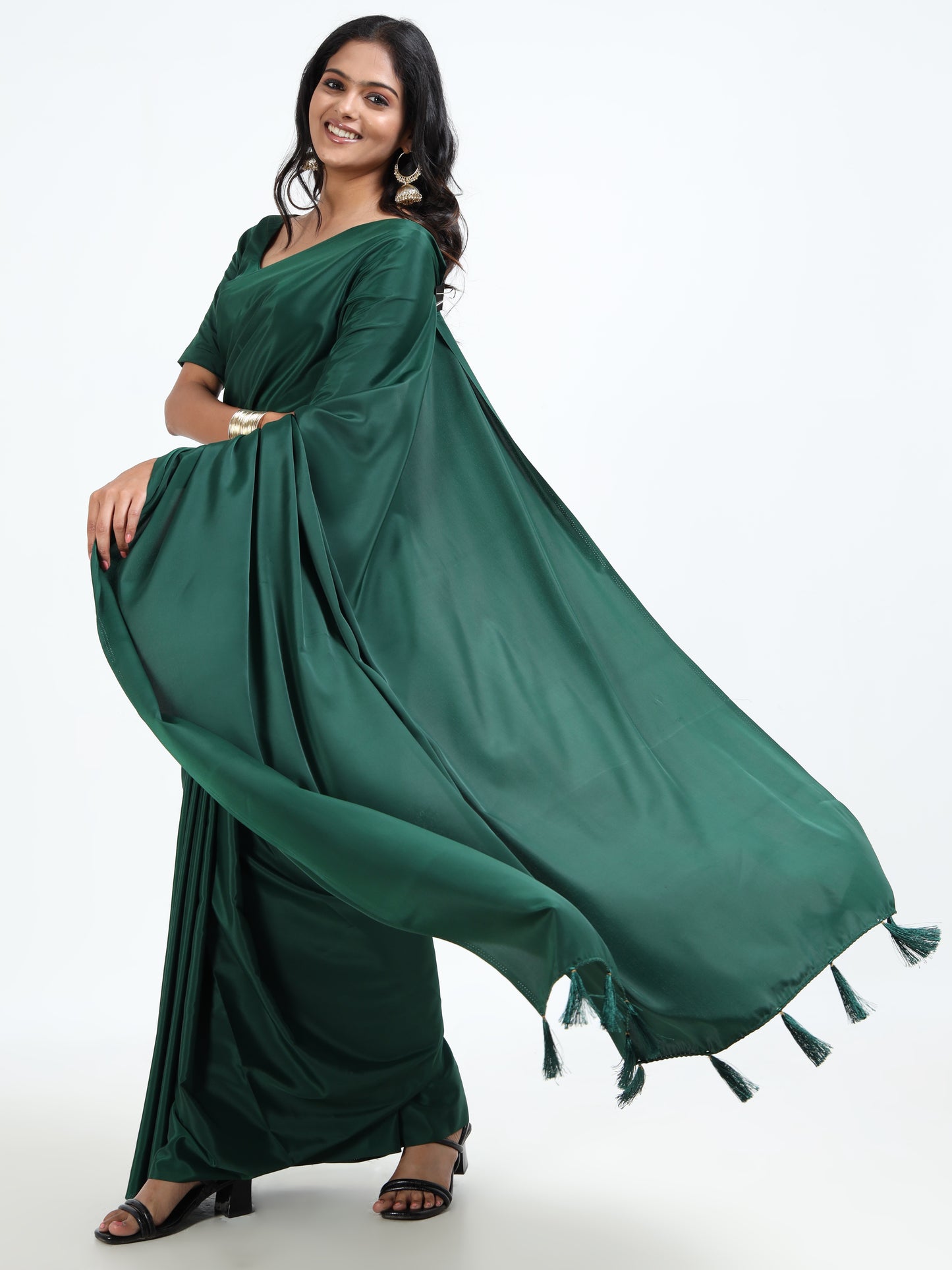 Bottle Green silk saree with matching unstitched blouse