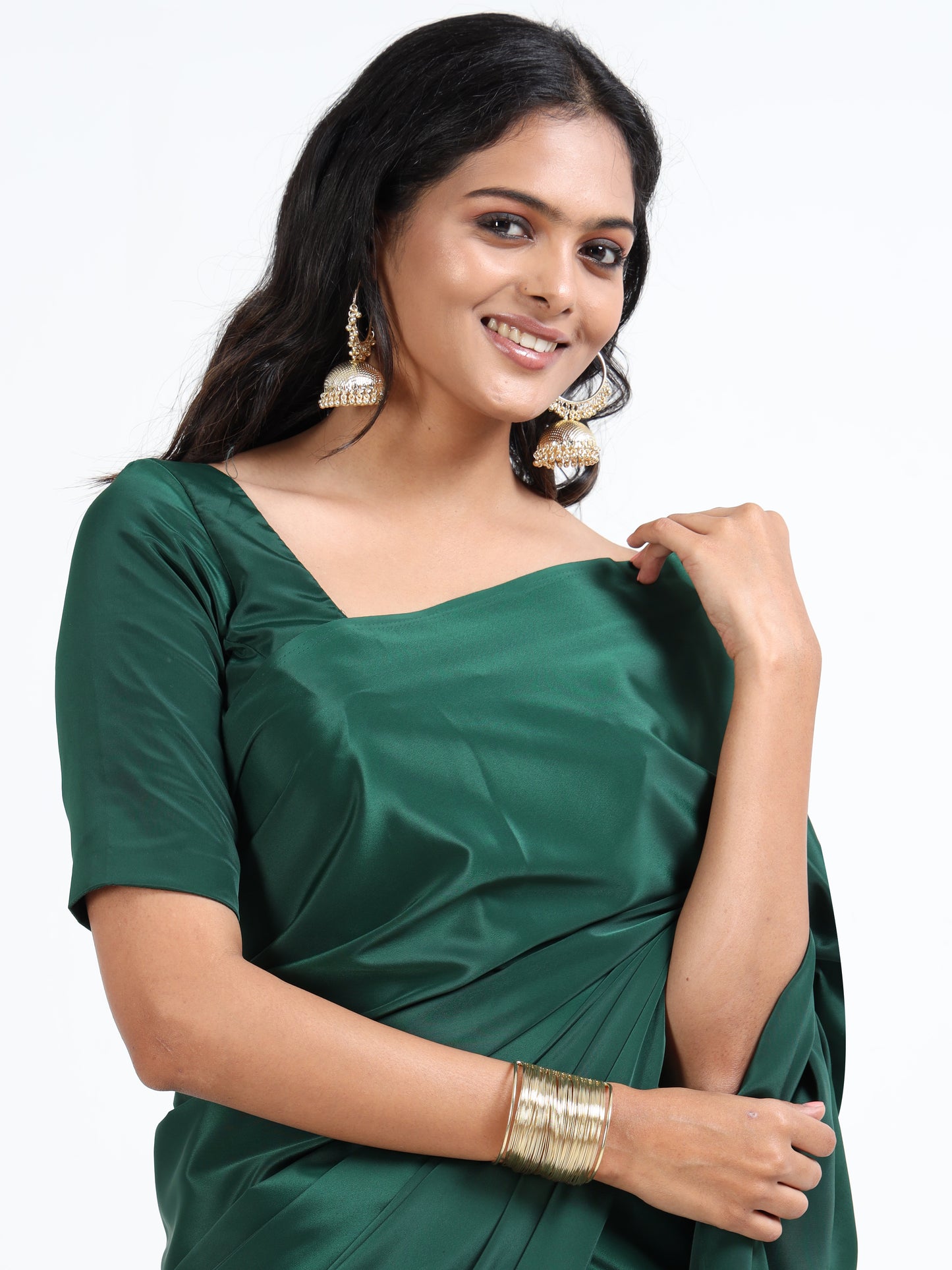 Bottle Green silk saree with matching unstitched blouse