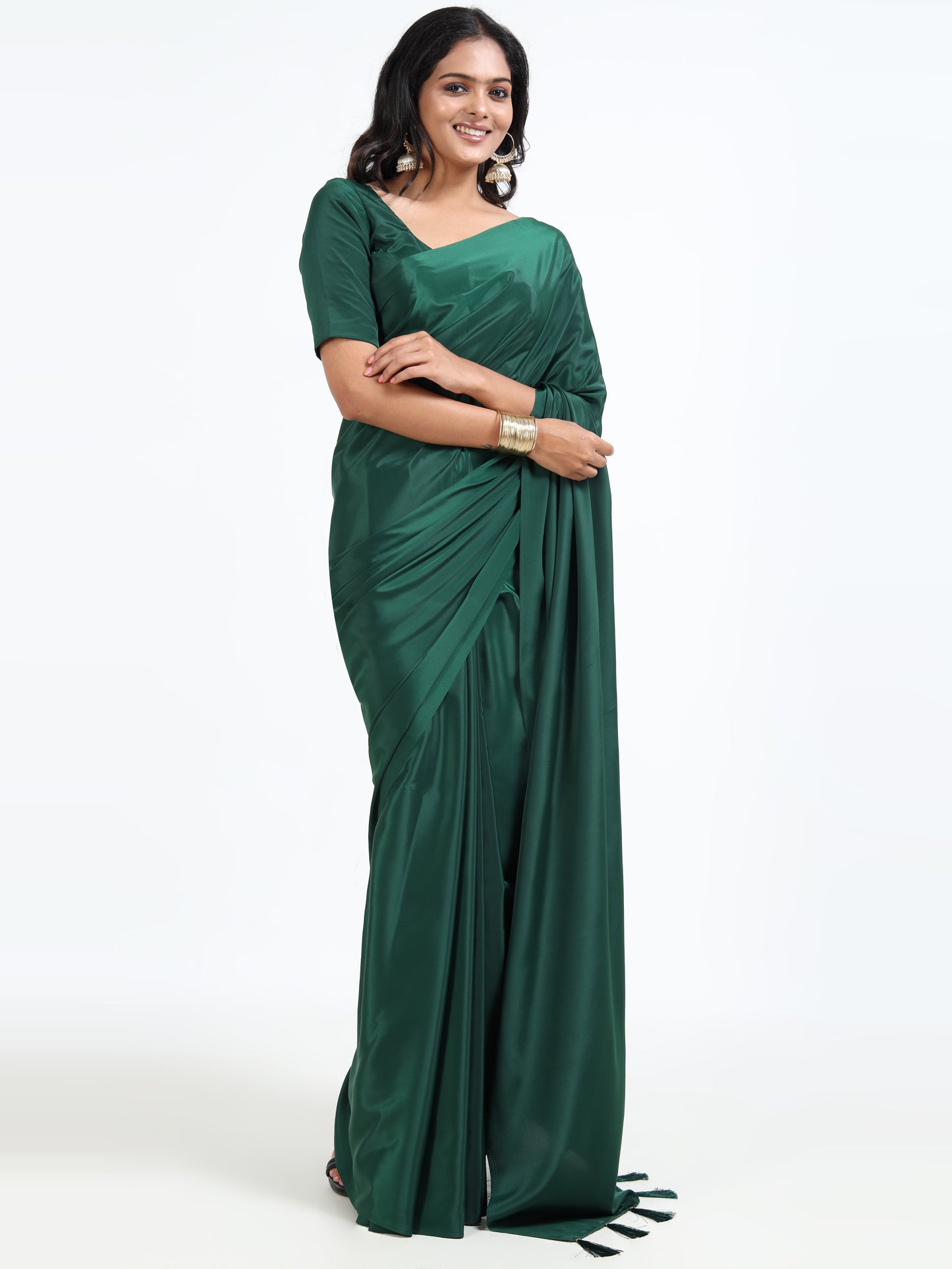 Bottle Green silk saree with matching unstitched blouse