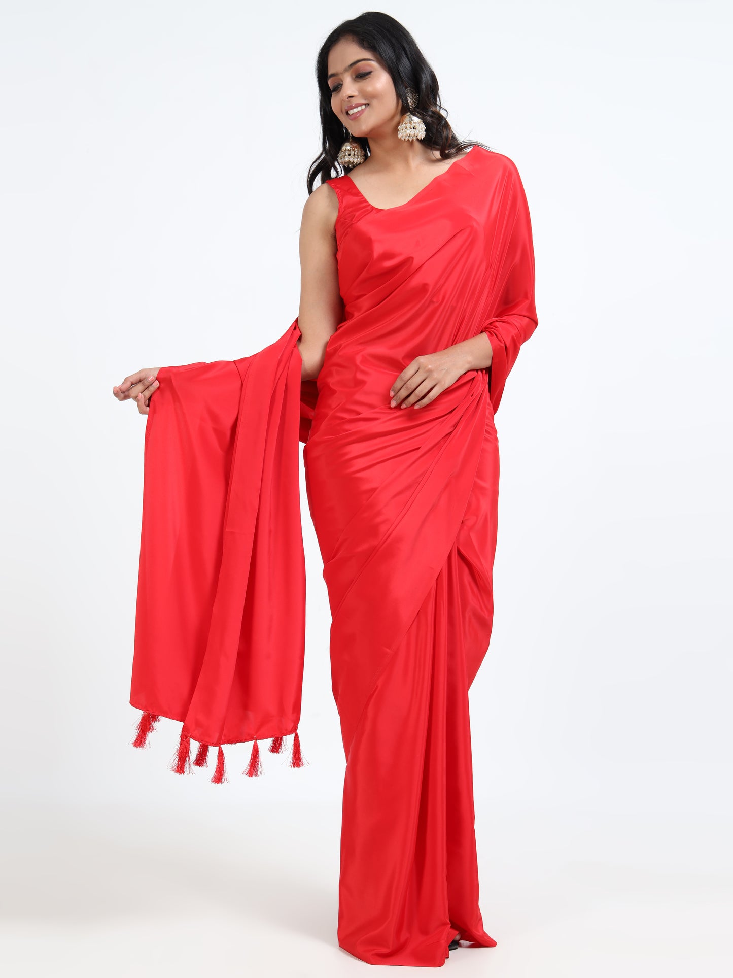 True Red silk saree with matching unstitched blouse