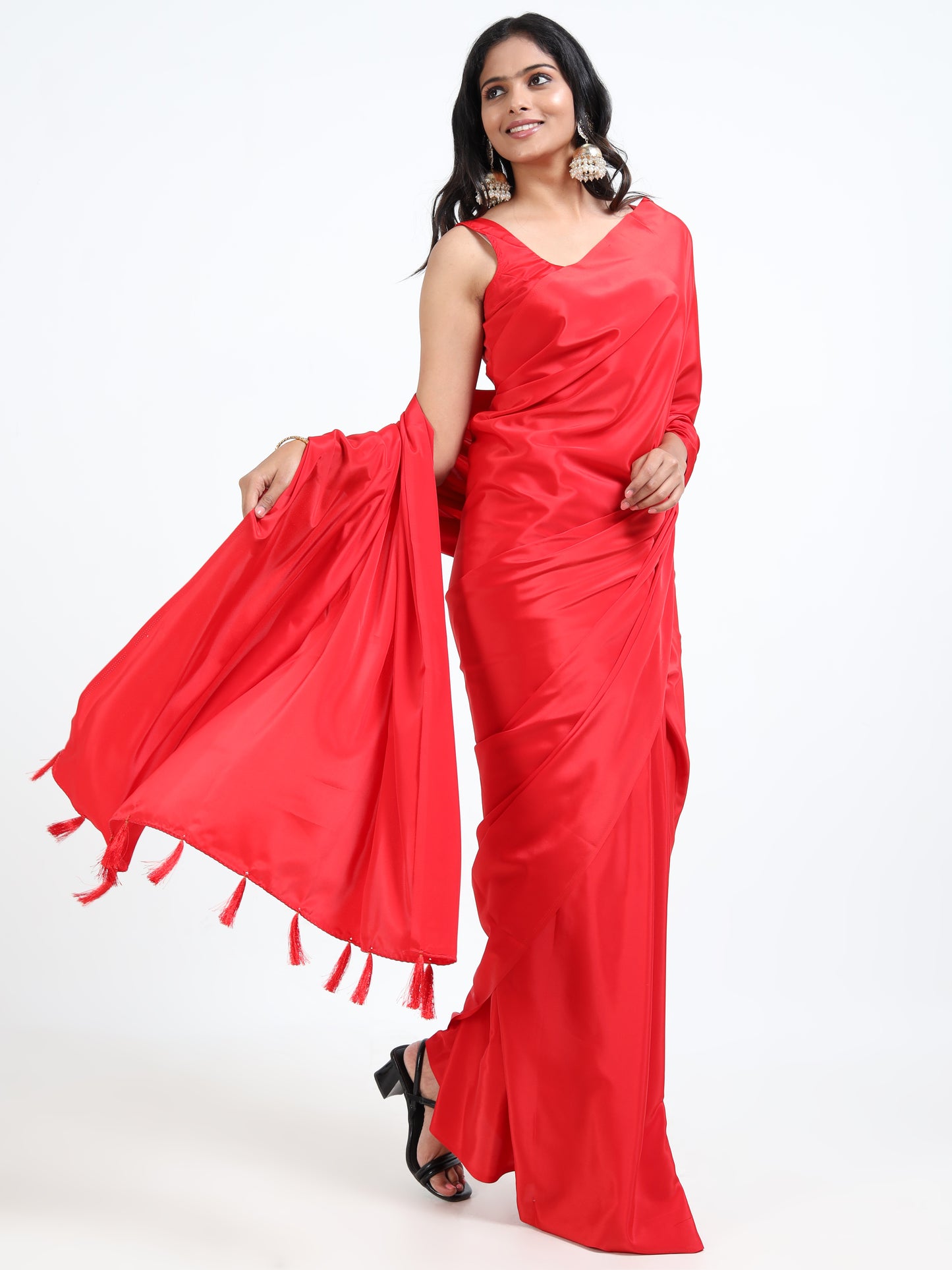 True Red silk saree with matching unstitched blouse