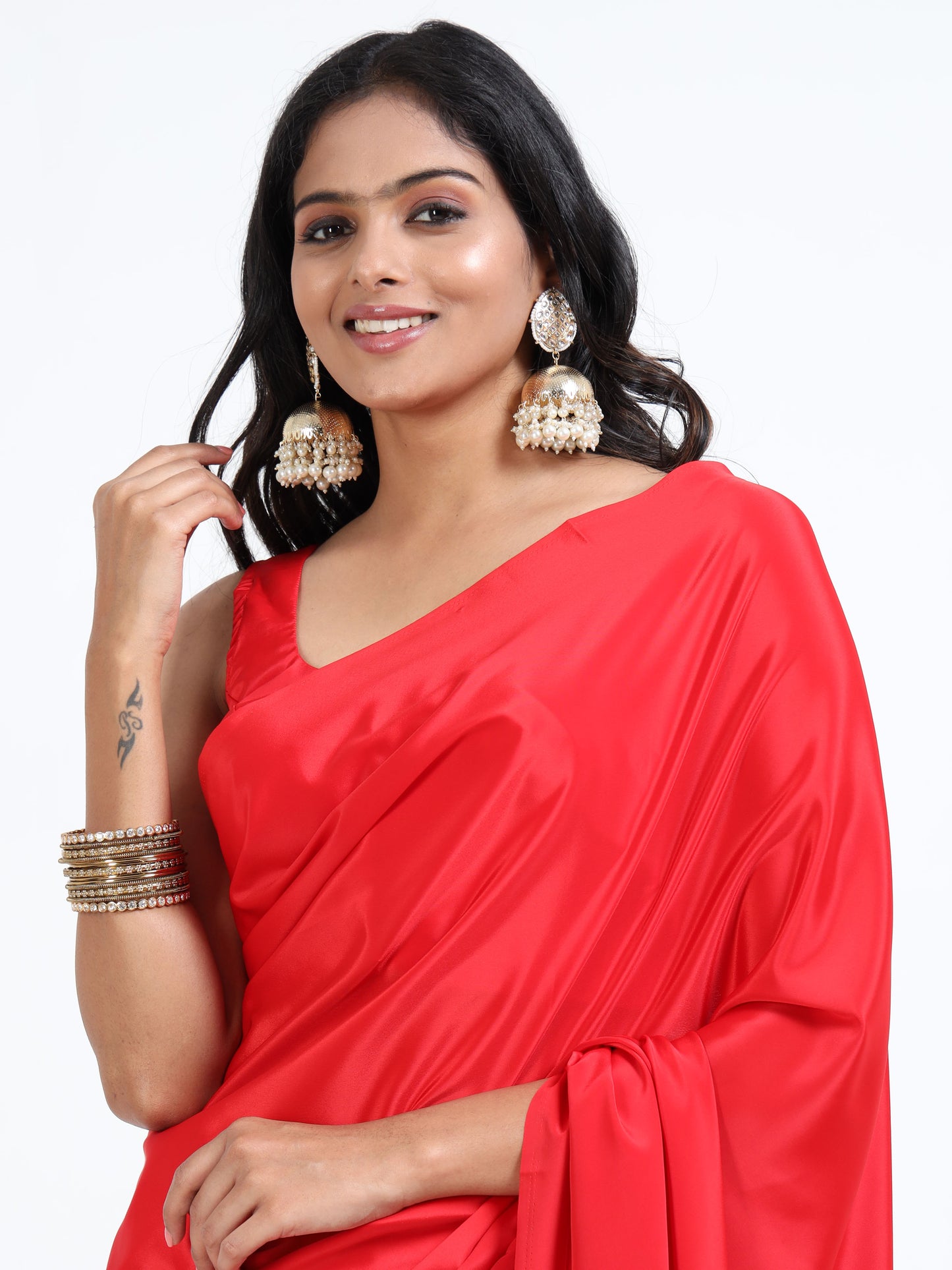 True Red silk saree with matching unstitched blouse