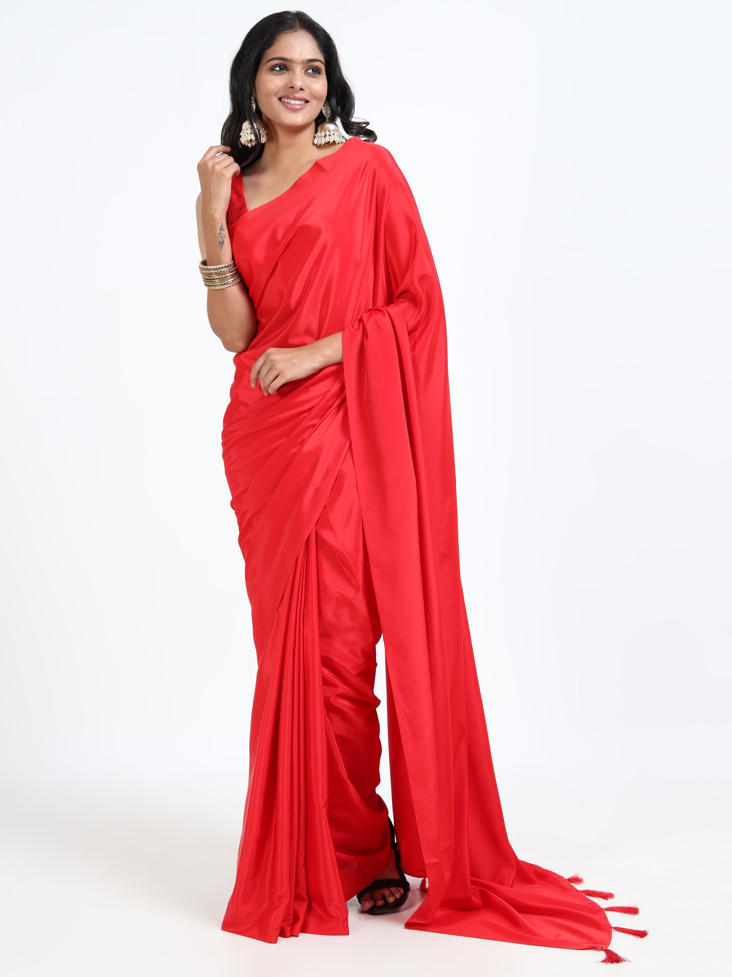 True Red silk saree with matching unstitched blouse