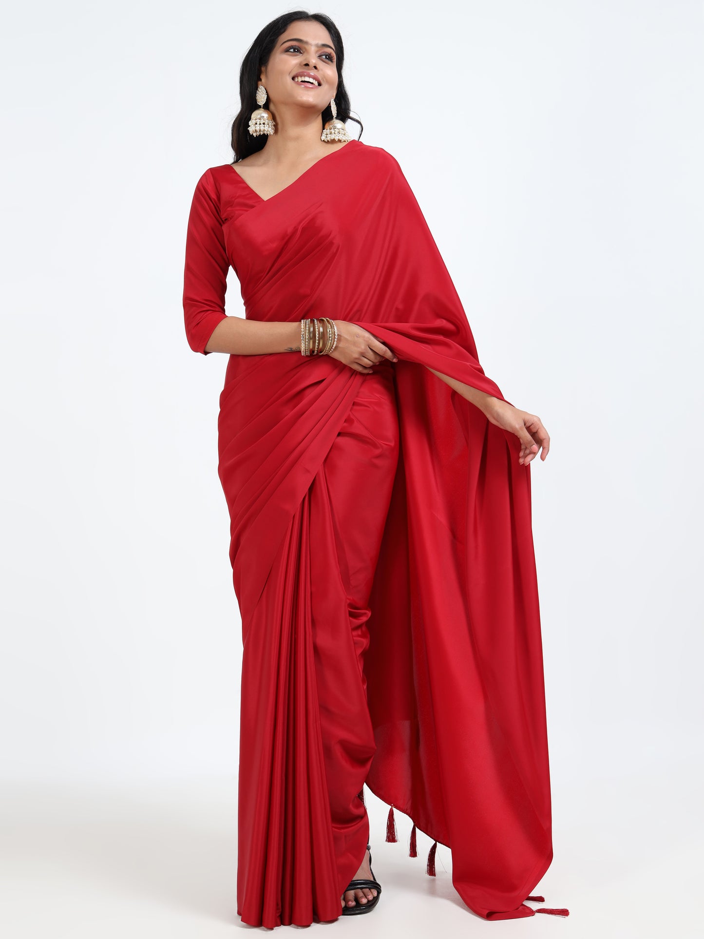 Scarlet Red silk saree with matching unstitched blouse