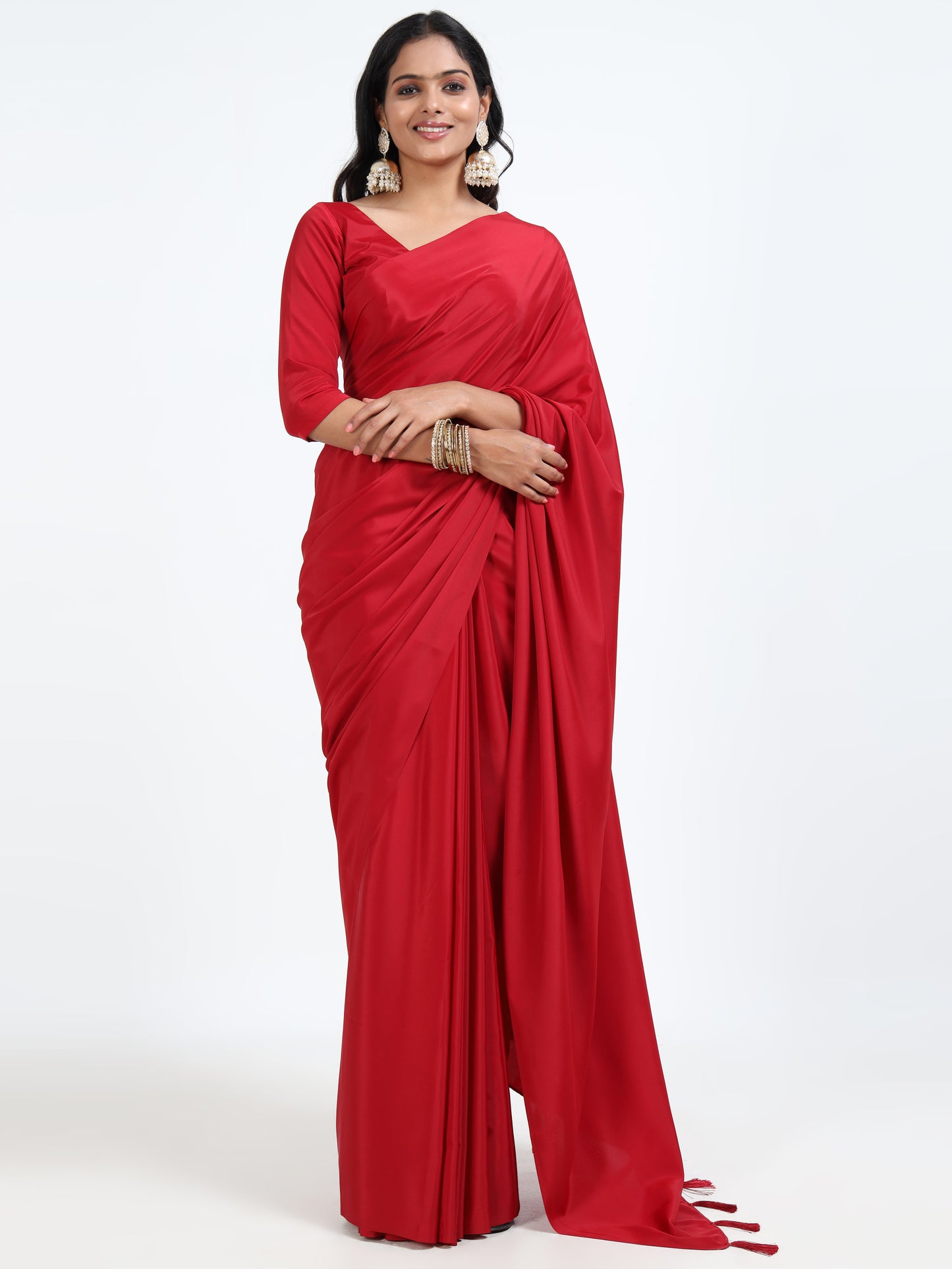 Scarlet Red silk saree with matching unstitched blouse