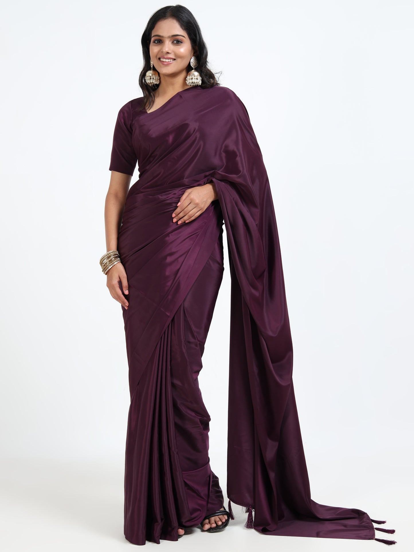 Plum Purple silk saree with matching unstitched blouse