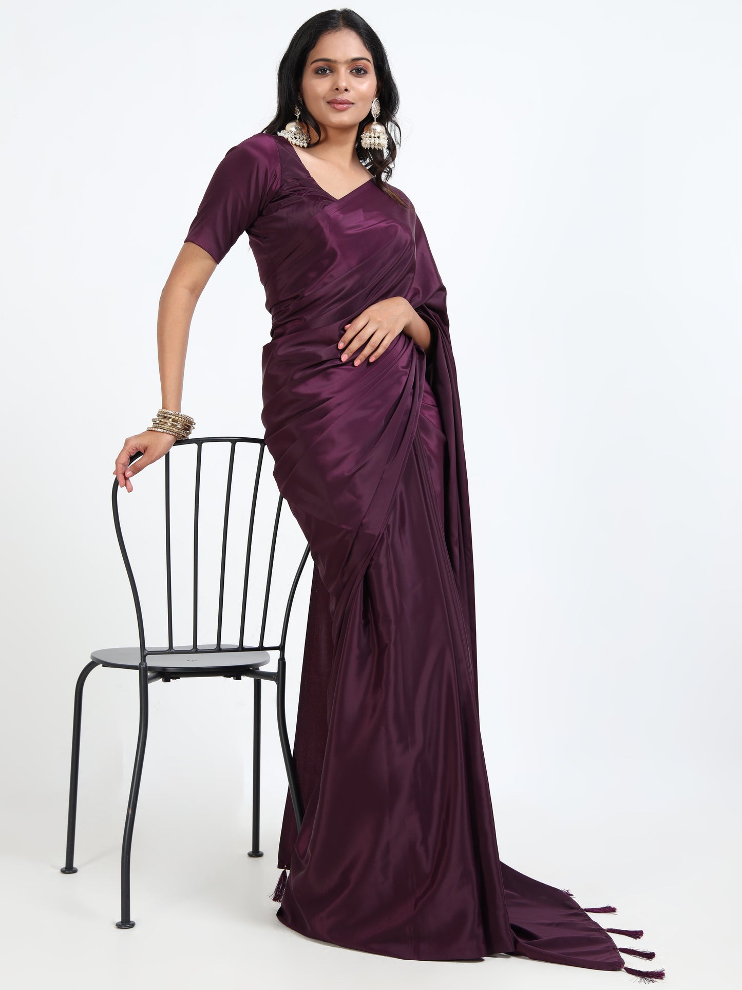 Plum Purple silk saree with matching unstitched blouse