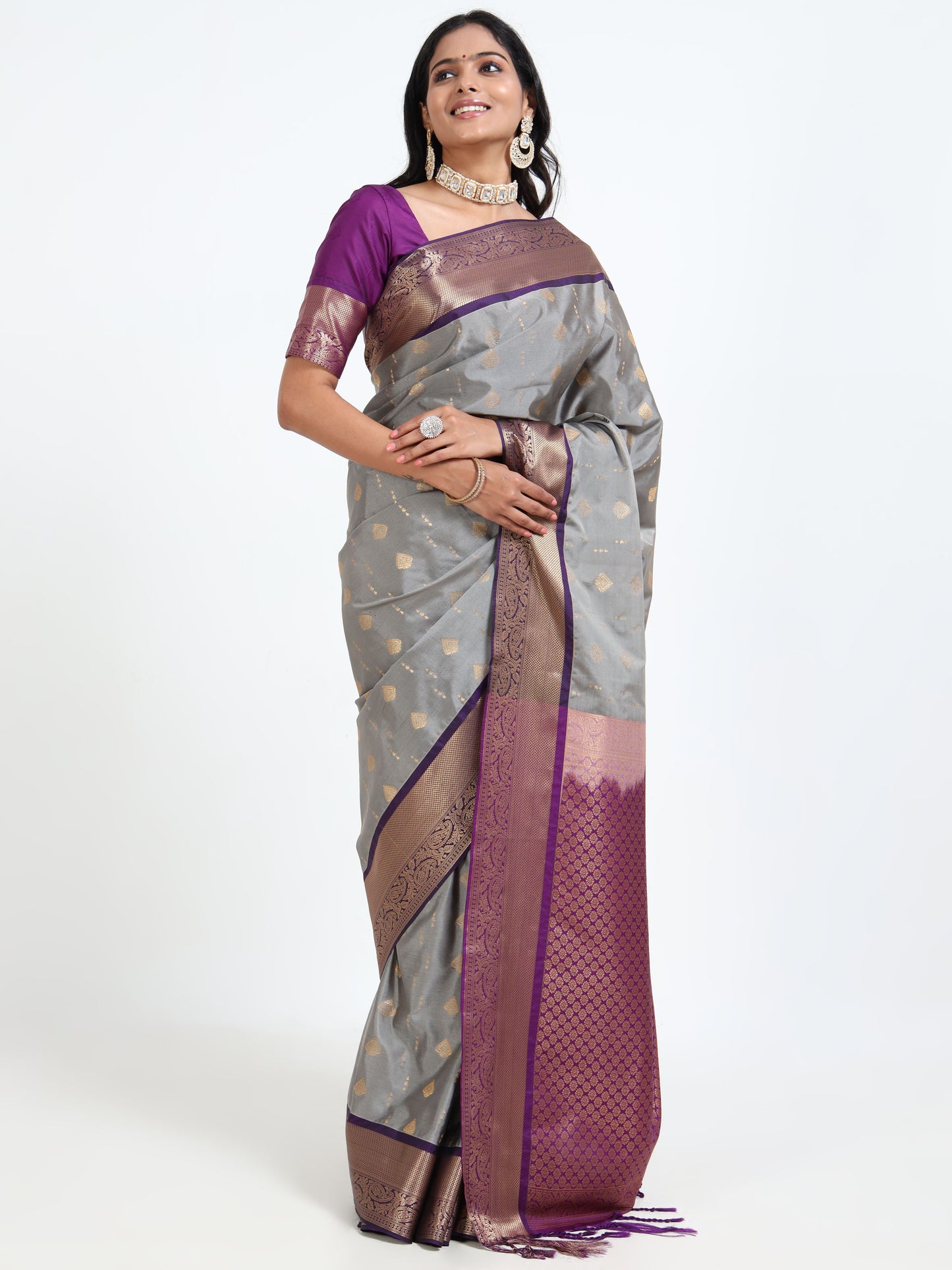 Dove Grey silk saree with matching unstitched blouse