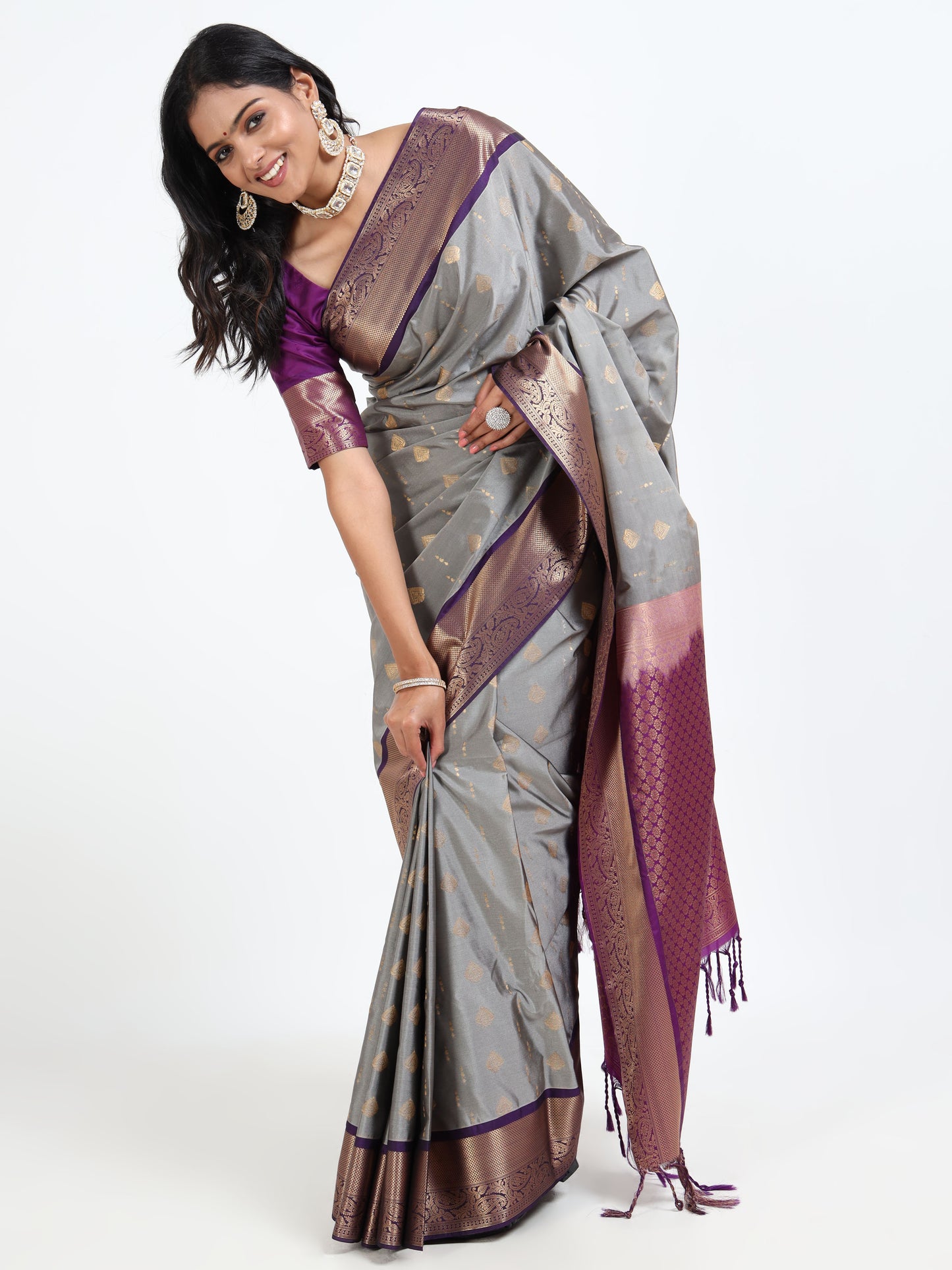 Dove Grey silk saree with matching unstitched blouse