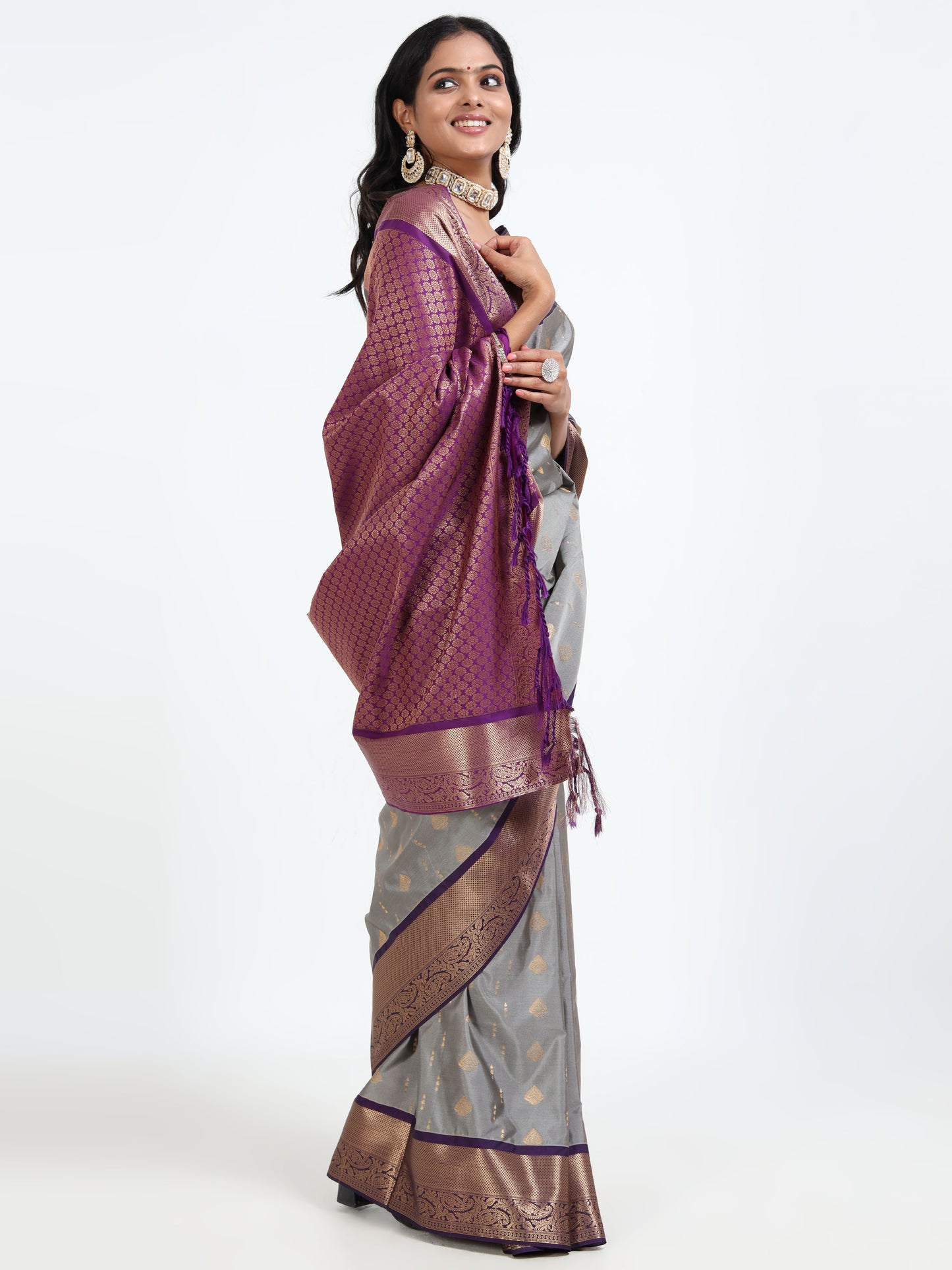 Dove Grey silk saree with matching unstitched blouse