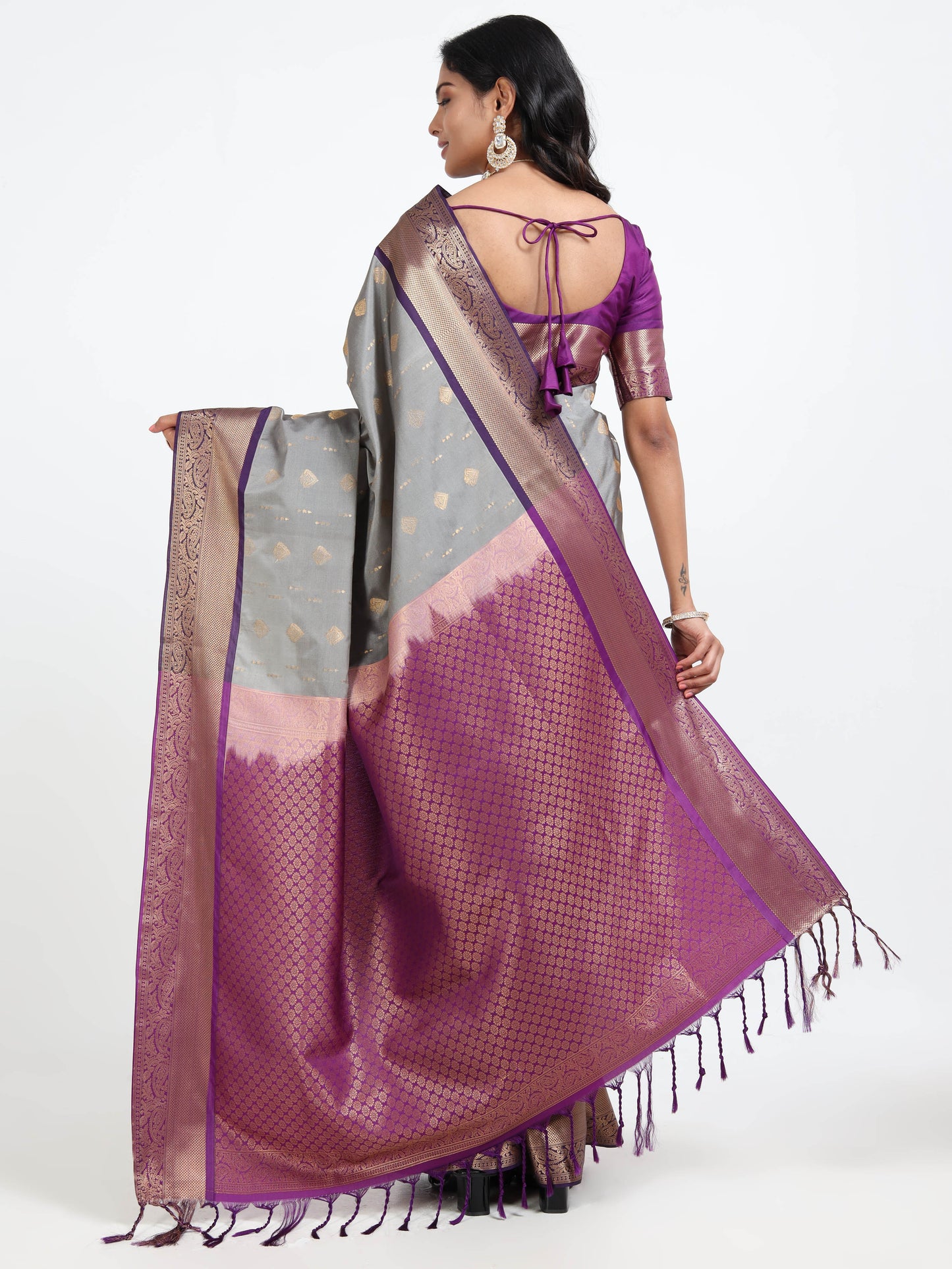 Dove Grey silk saree with matching unstitched blouse