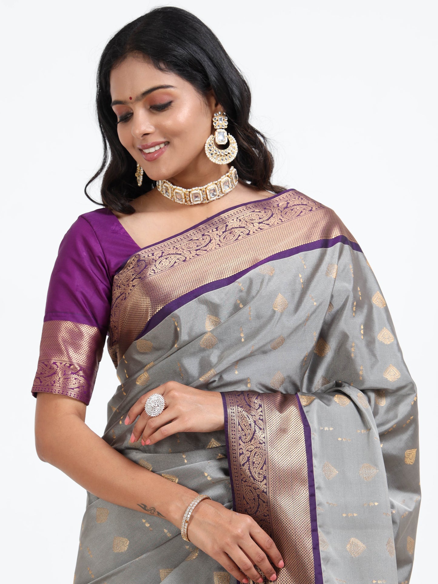 Dove Grey silk saree with matching unstitched blouse