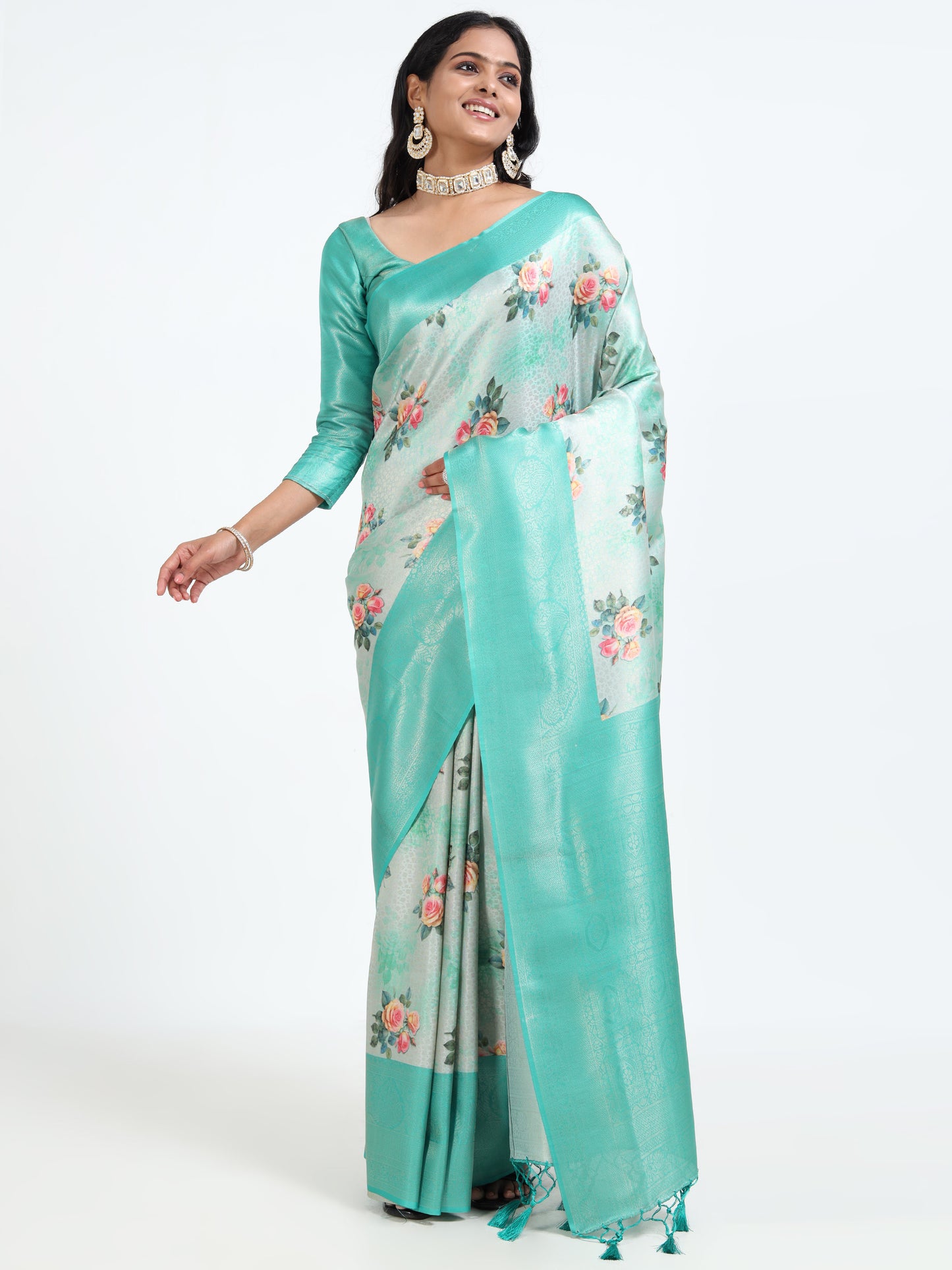 Pale Torquoise silk saree with matching unstitched blouse