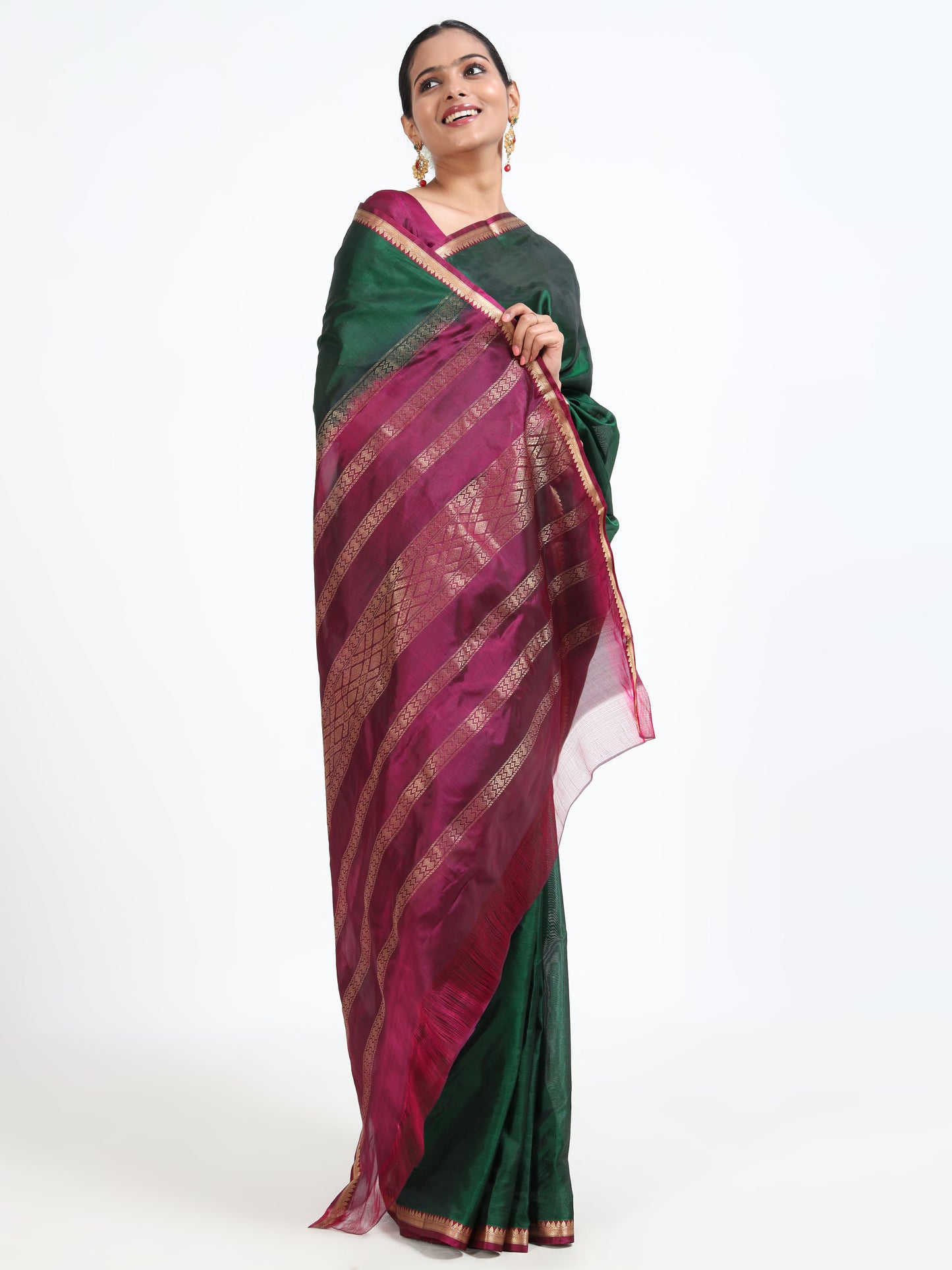 Fir Green silk saree with matching unstitched blouse