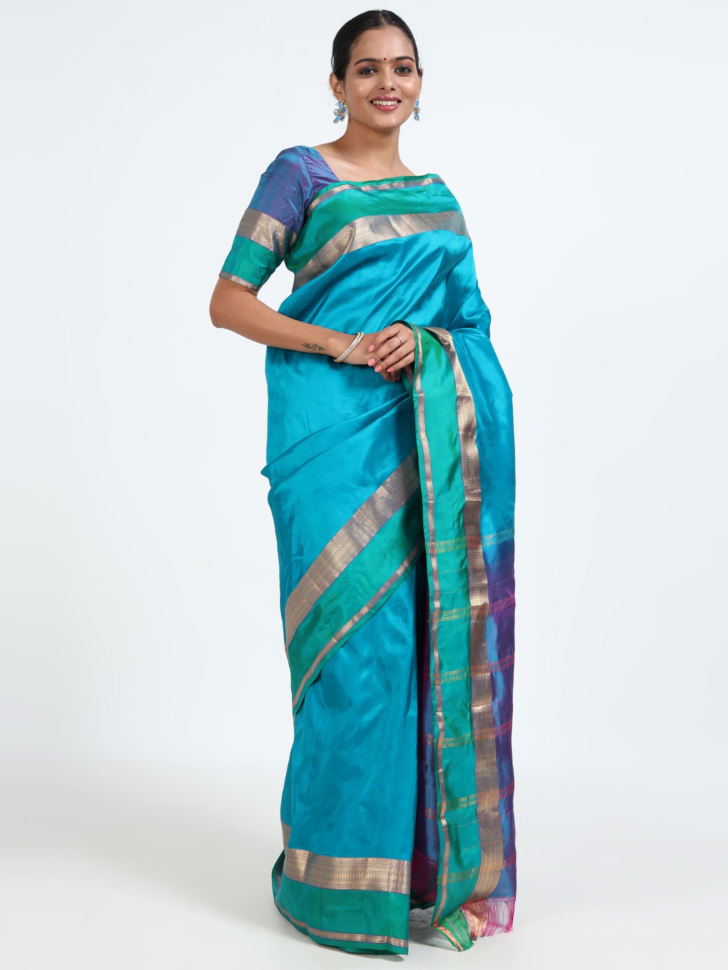 Bondi Blue silk saree with matching unstitched blouse