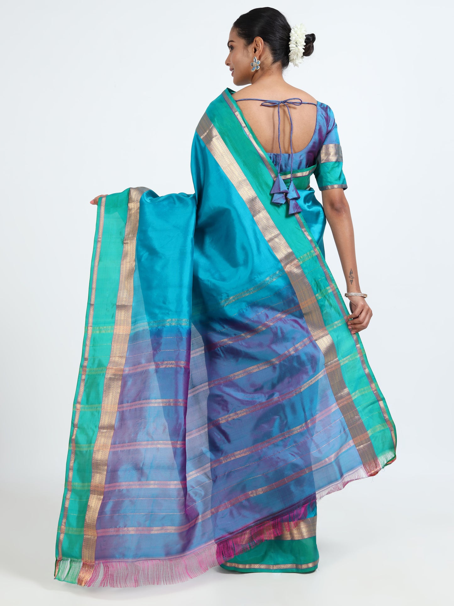 Bondi Blue silk saree with matching unstitched blouse