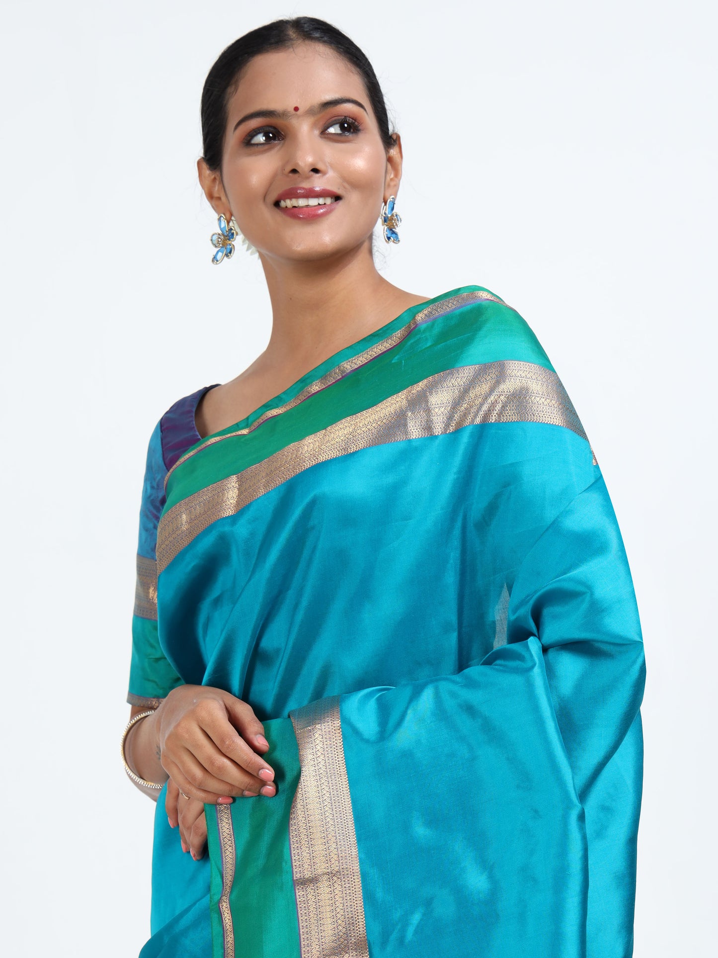 Bondi Blue silk saree with matching unstitched blouse