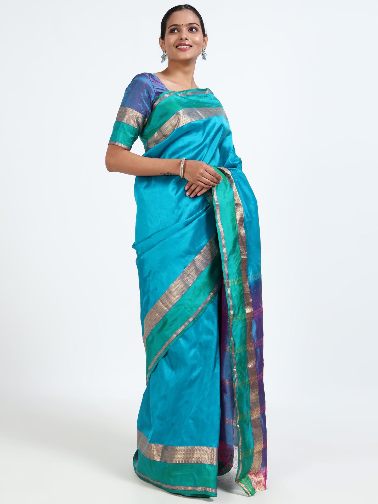 Bondi Blue silk saree with matching unstitched blouse