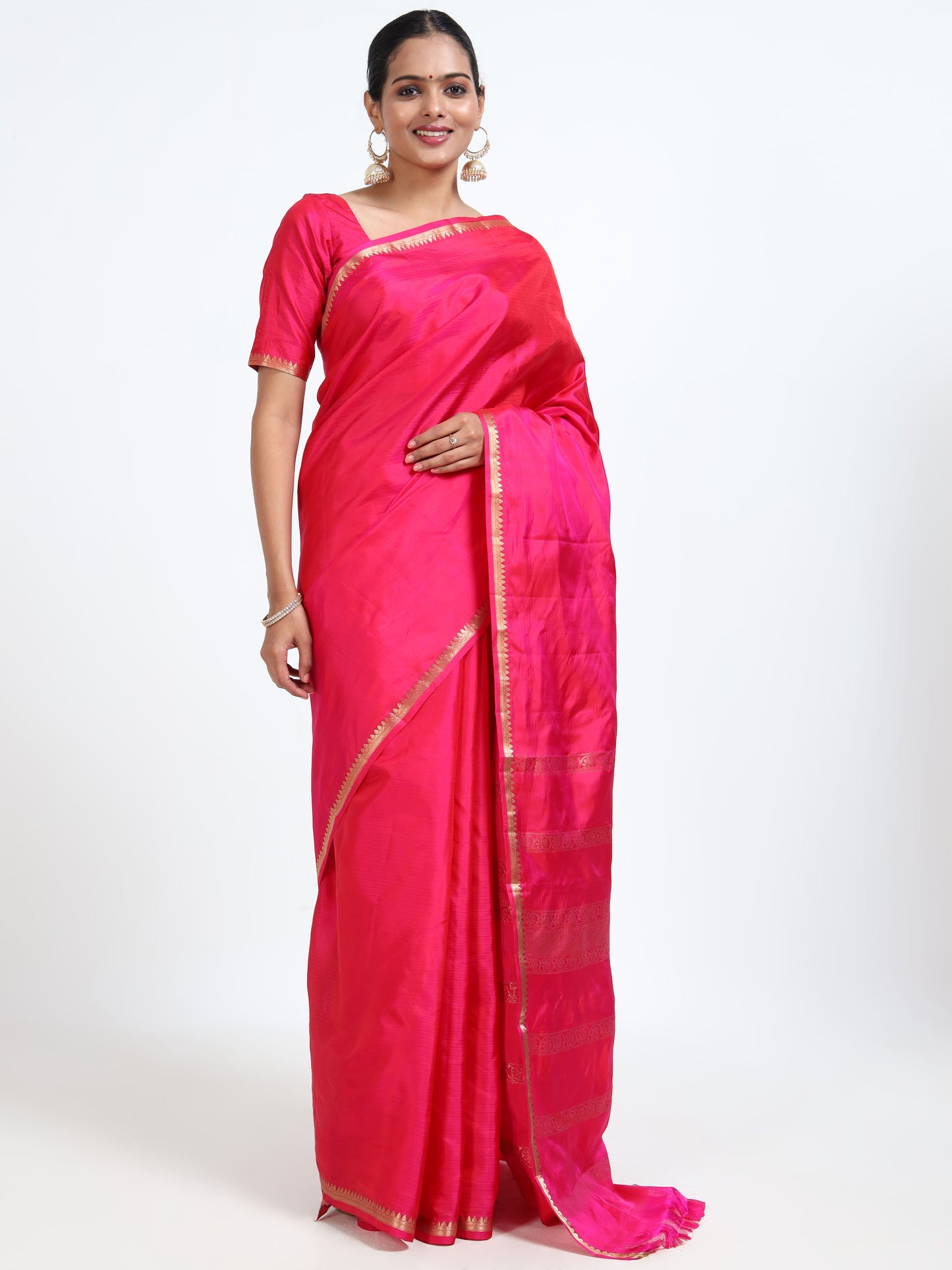 Carmine Red silk saree with matching unstitched blouse