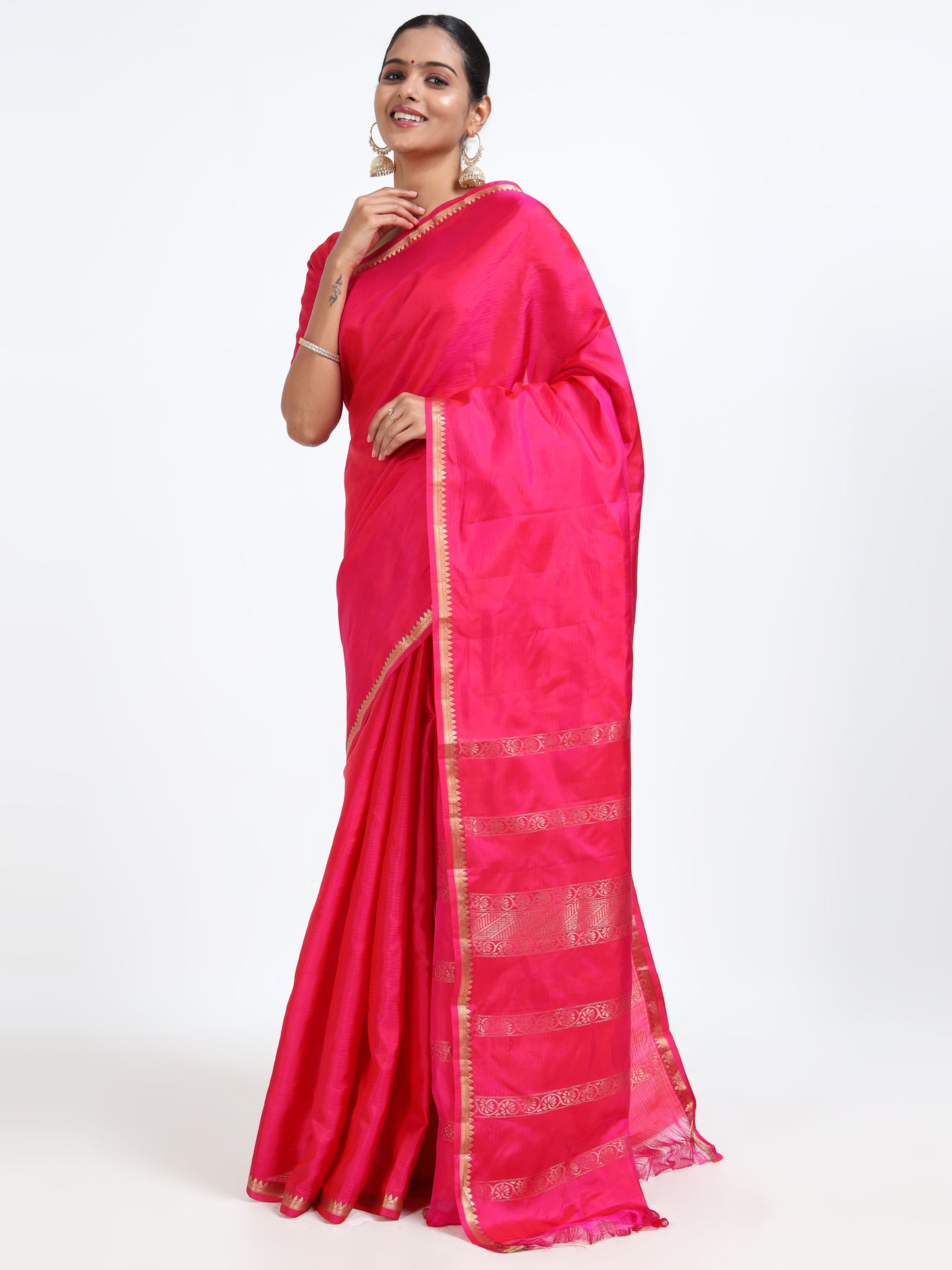 Carmine Red silk saree with matching unstitched blouse