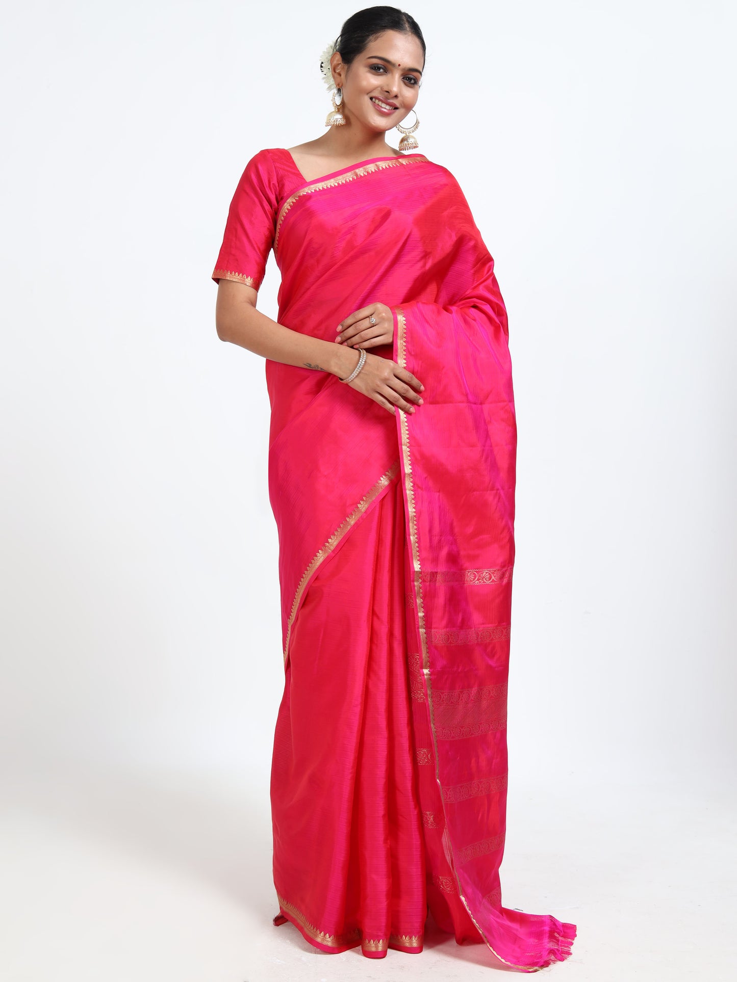 Carmine Red silk saree with matching unstitched blouse