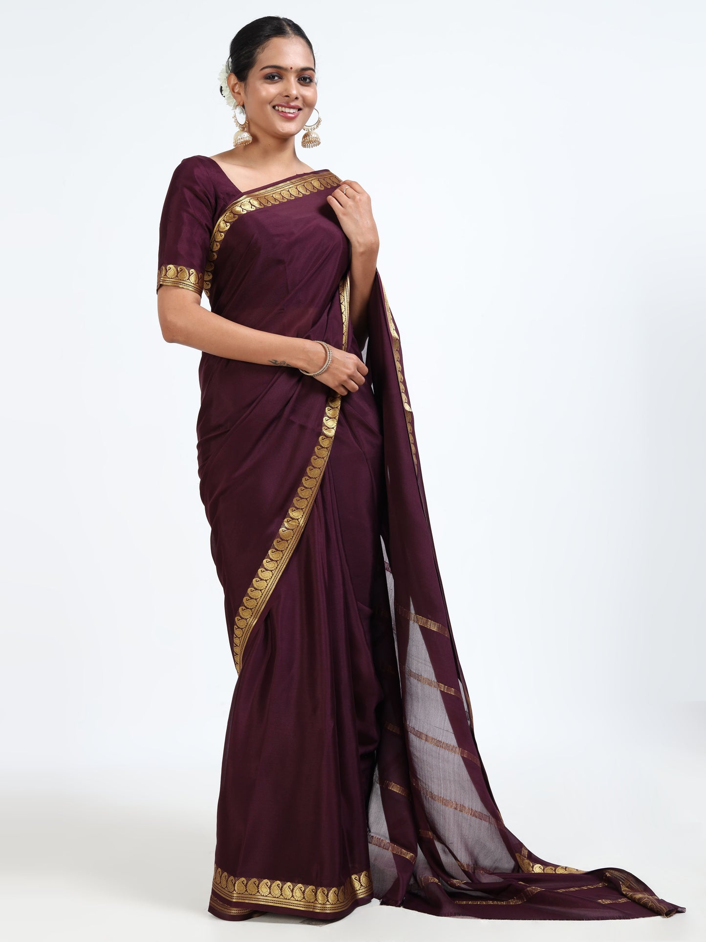 Mahogany Brown silk saree with matching unstitched blouse