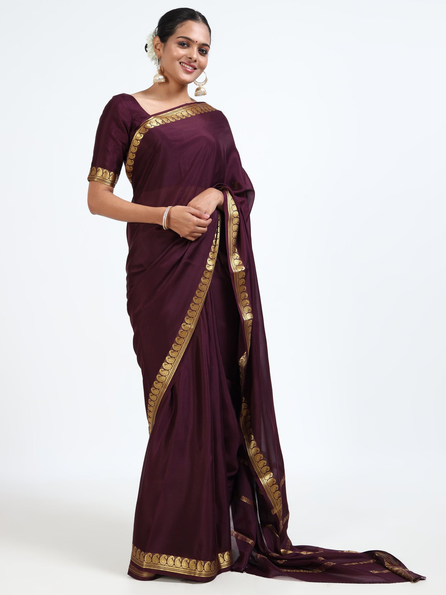 Mahogany Brown silk saree with matching unstitched blouse