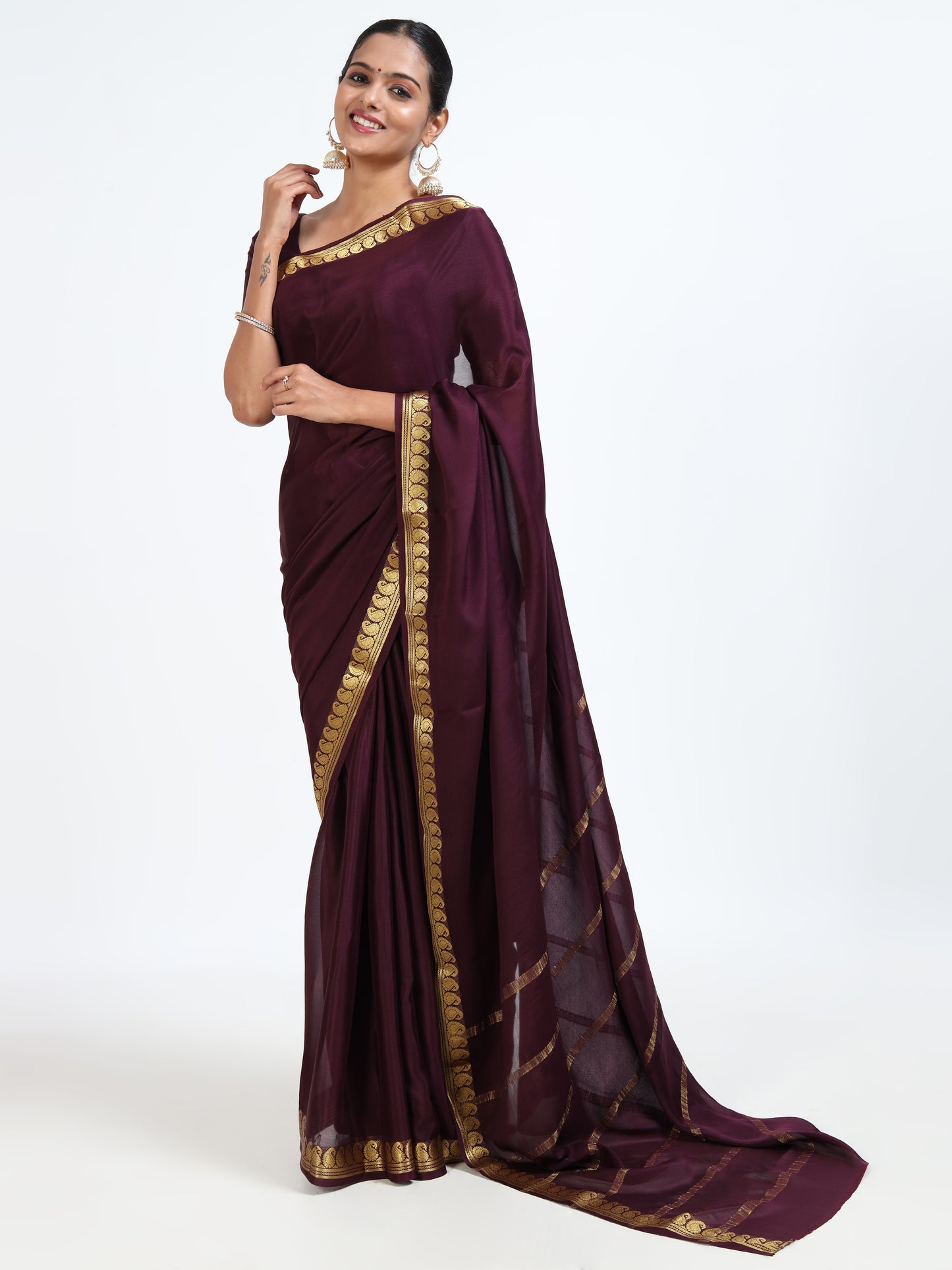 Mahogany Brown silk saree with matching unstitched blouse