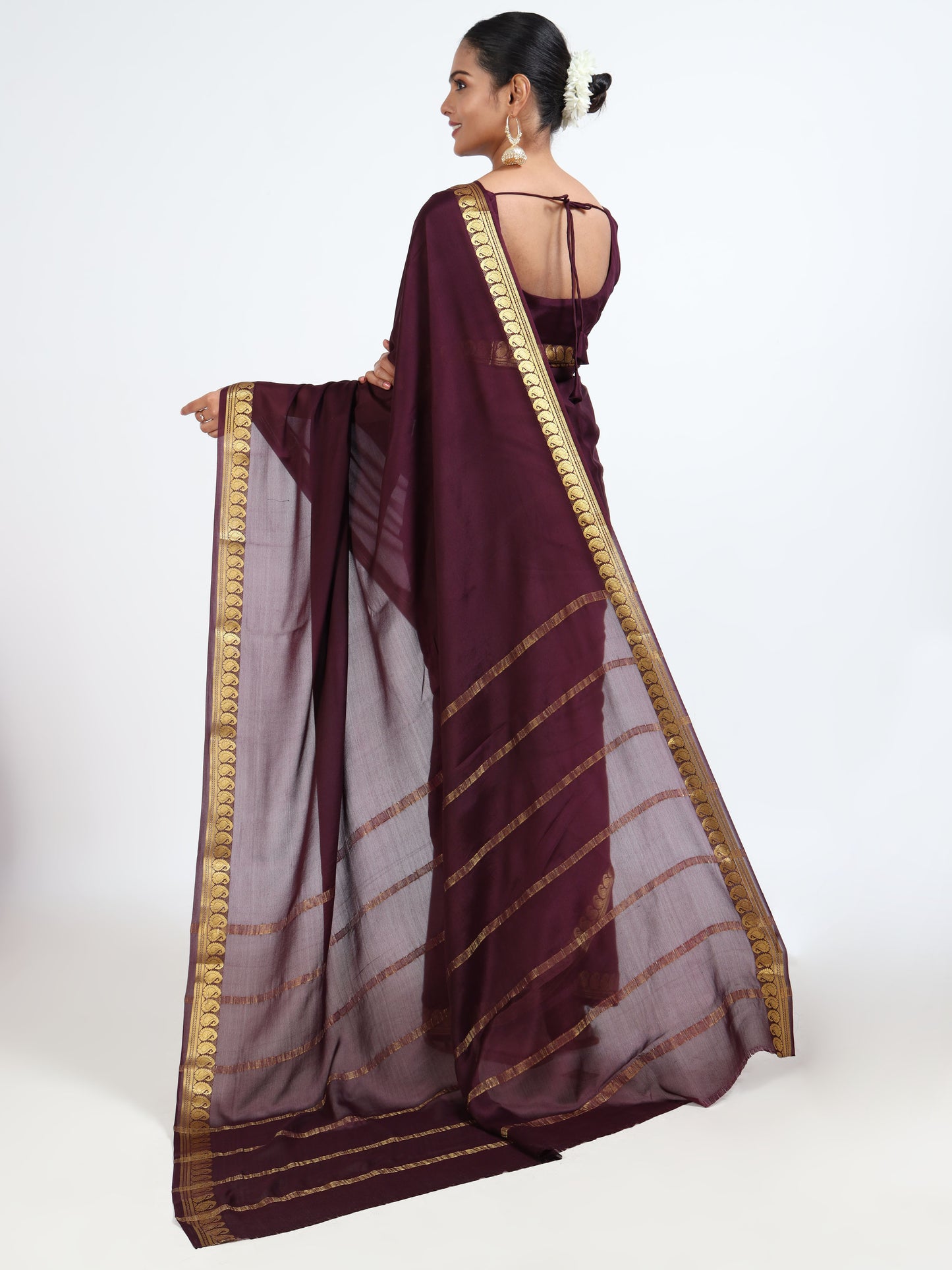 Mahogany Brown silk saree with matching unstitched blouse