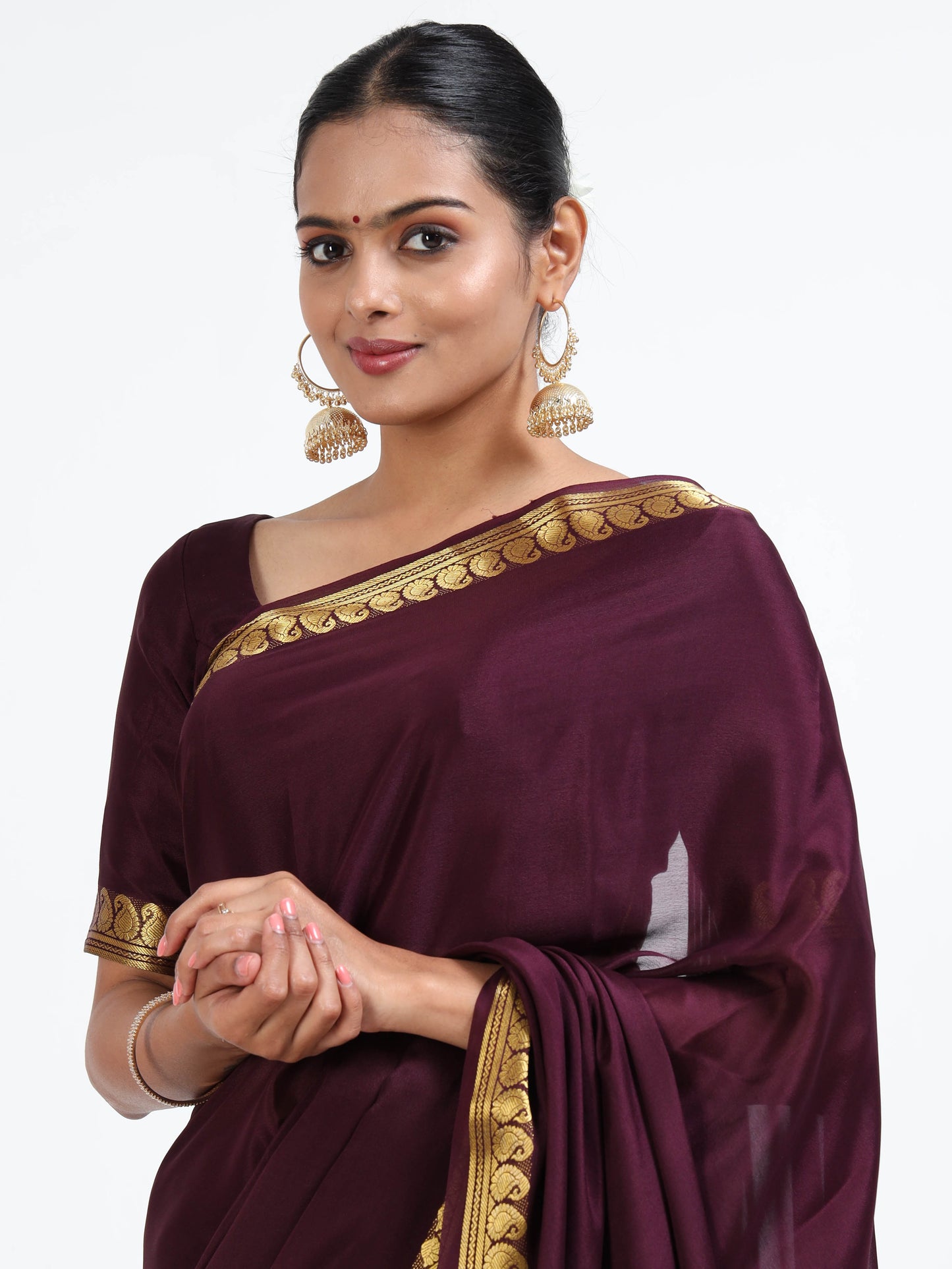 Mahogany Brown silk saree with matching unstitched blouse