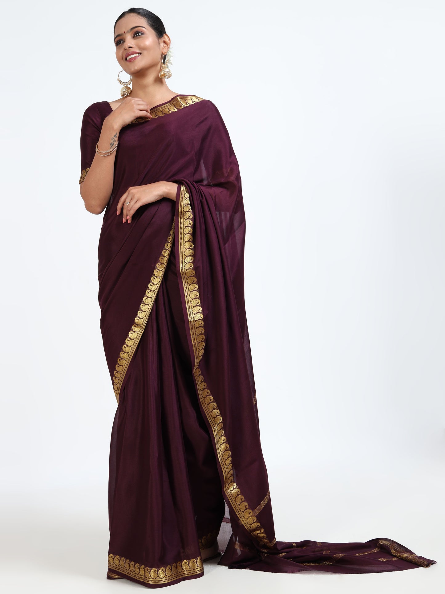 Mahogany Brown silk saree with matching unstitched blouse