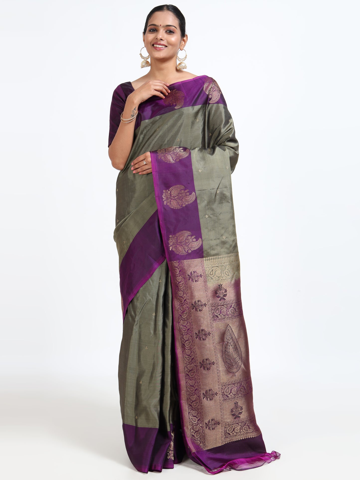 Battleship Grey silk saree with matching unstitched blouse