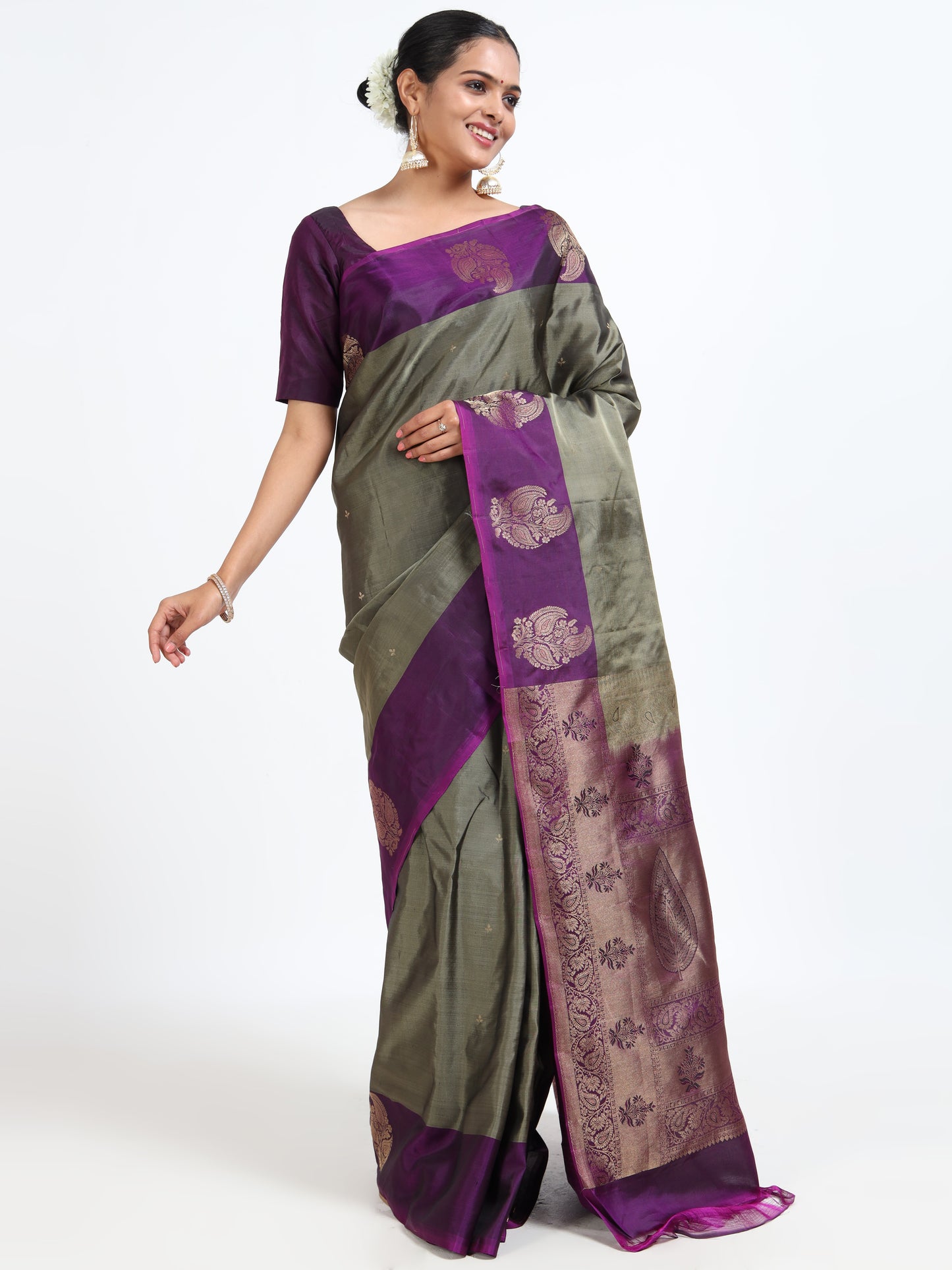 Battleship Grey silk saree with matching unstitched blouse