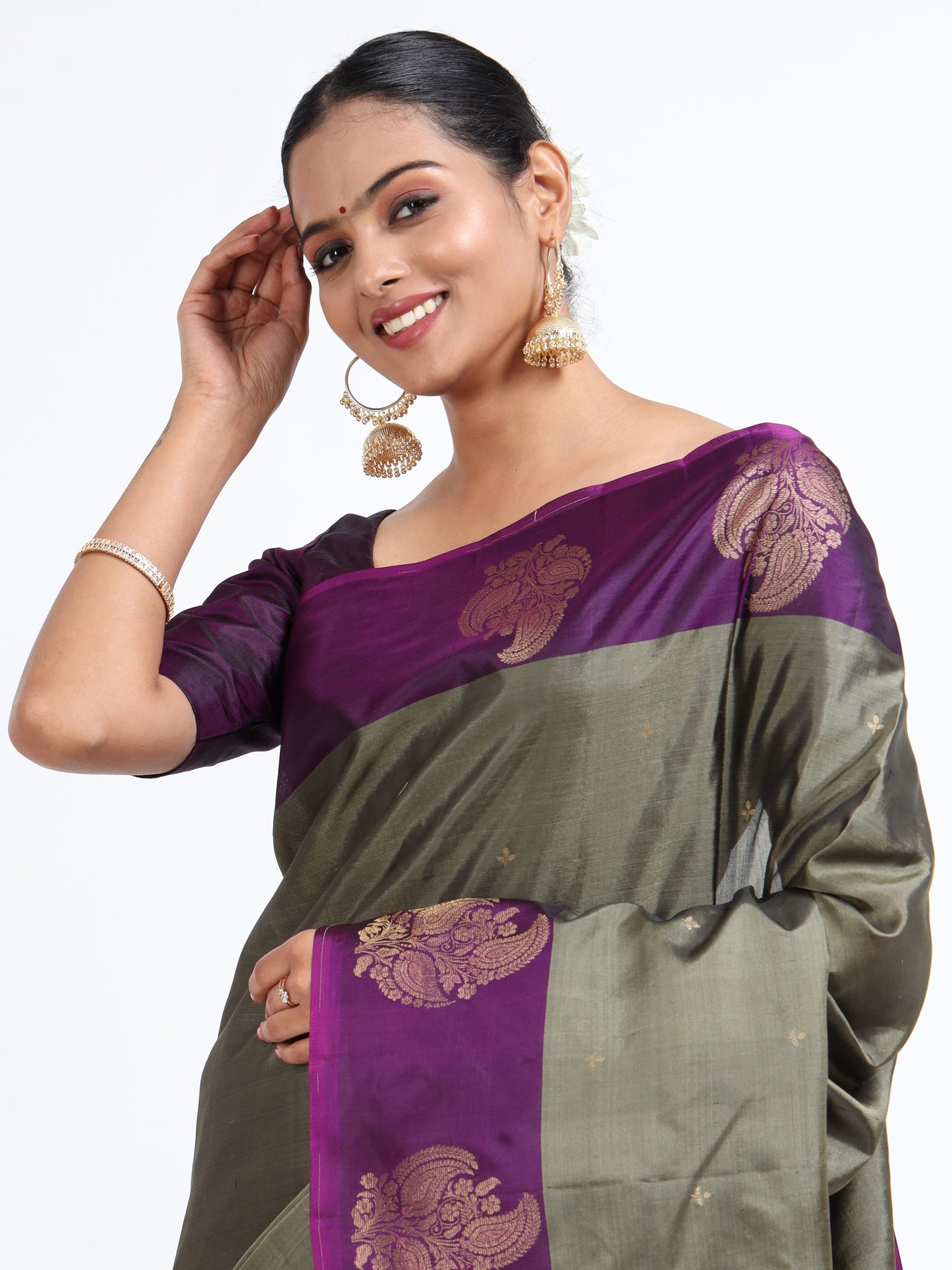 Battleship Grey silk saree with matching unstitched blouse