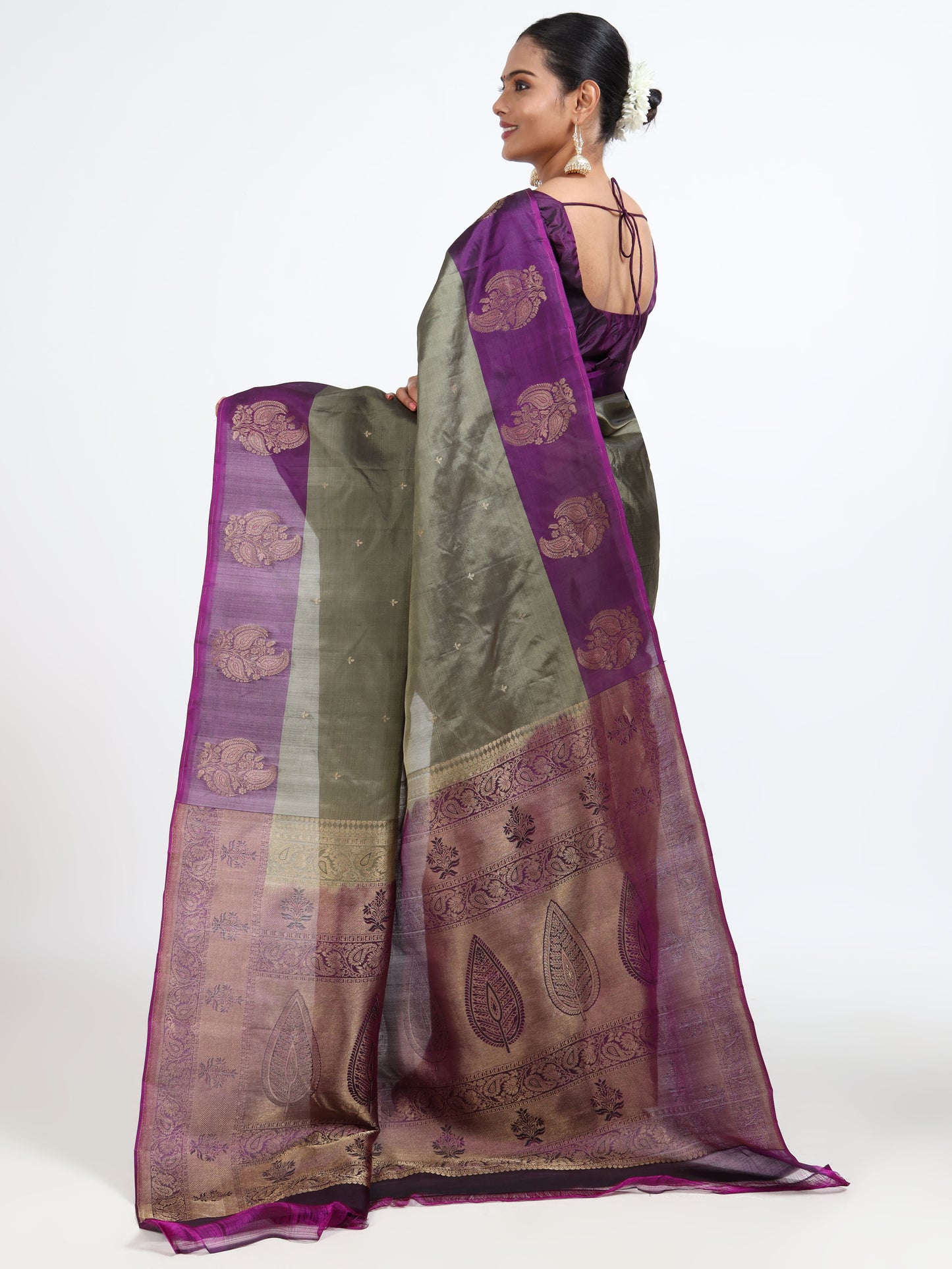 Battleship Grey silk saree with matching unstitched blouse