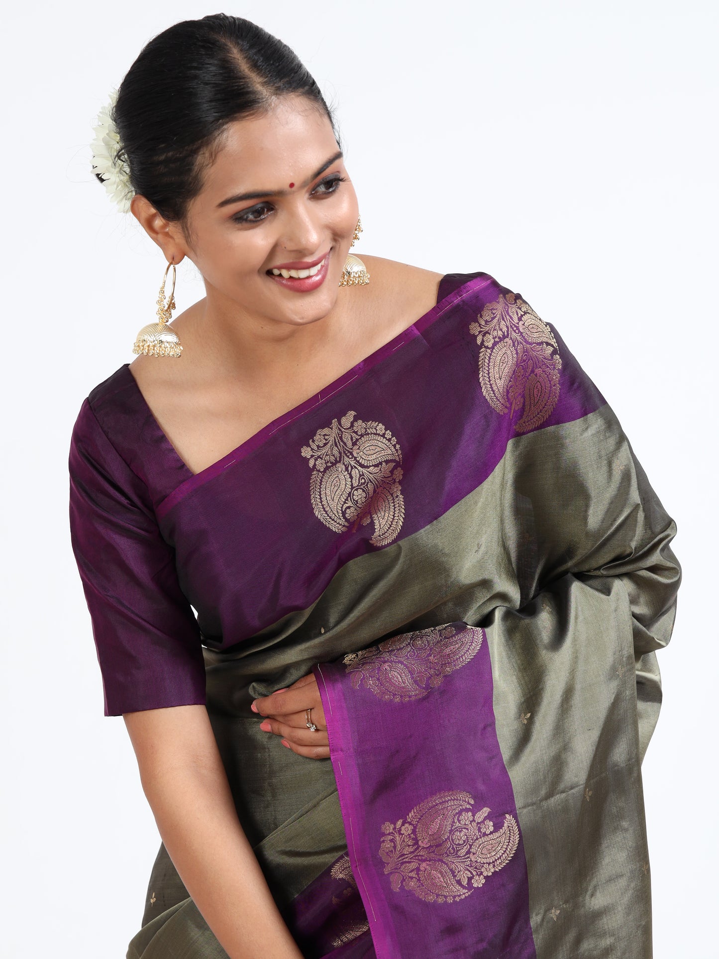 Battleship Grey silk saree with matching unstitched blouse