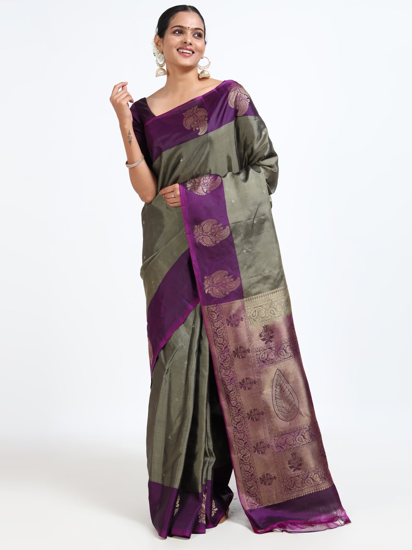 Battleship Grey silk saree with matching unstitched blouse