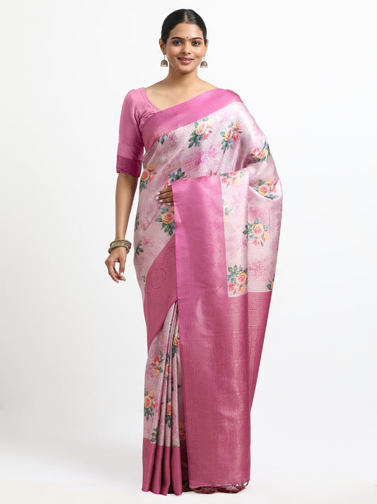 Carousel Pink silk saree with matching unstitched blouse