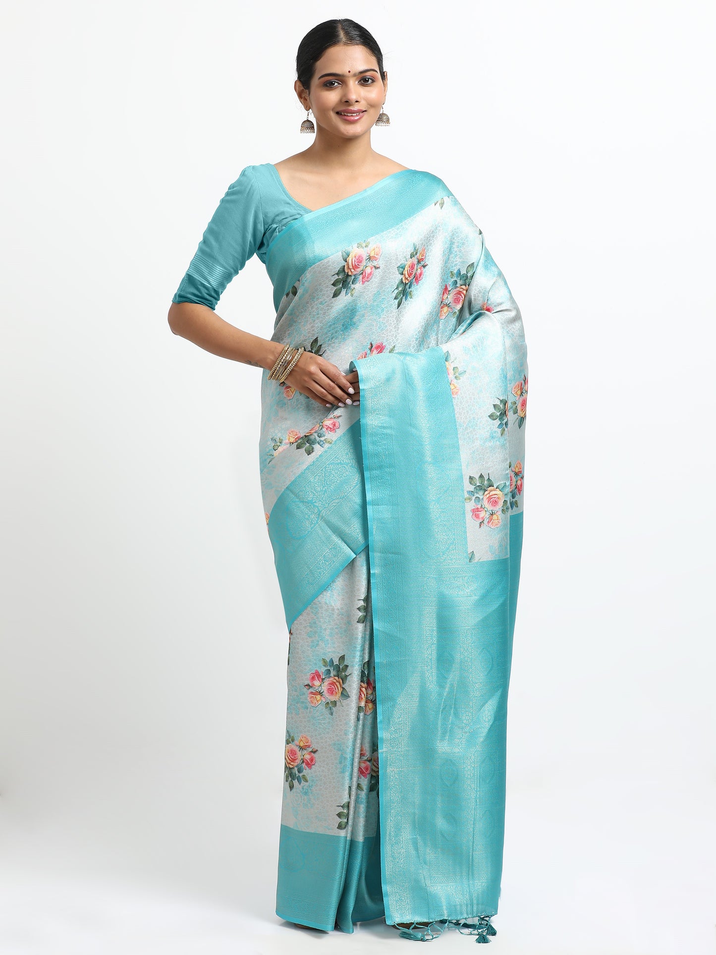 Alice Blue silk saree with matching unstitched blouse