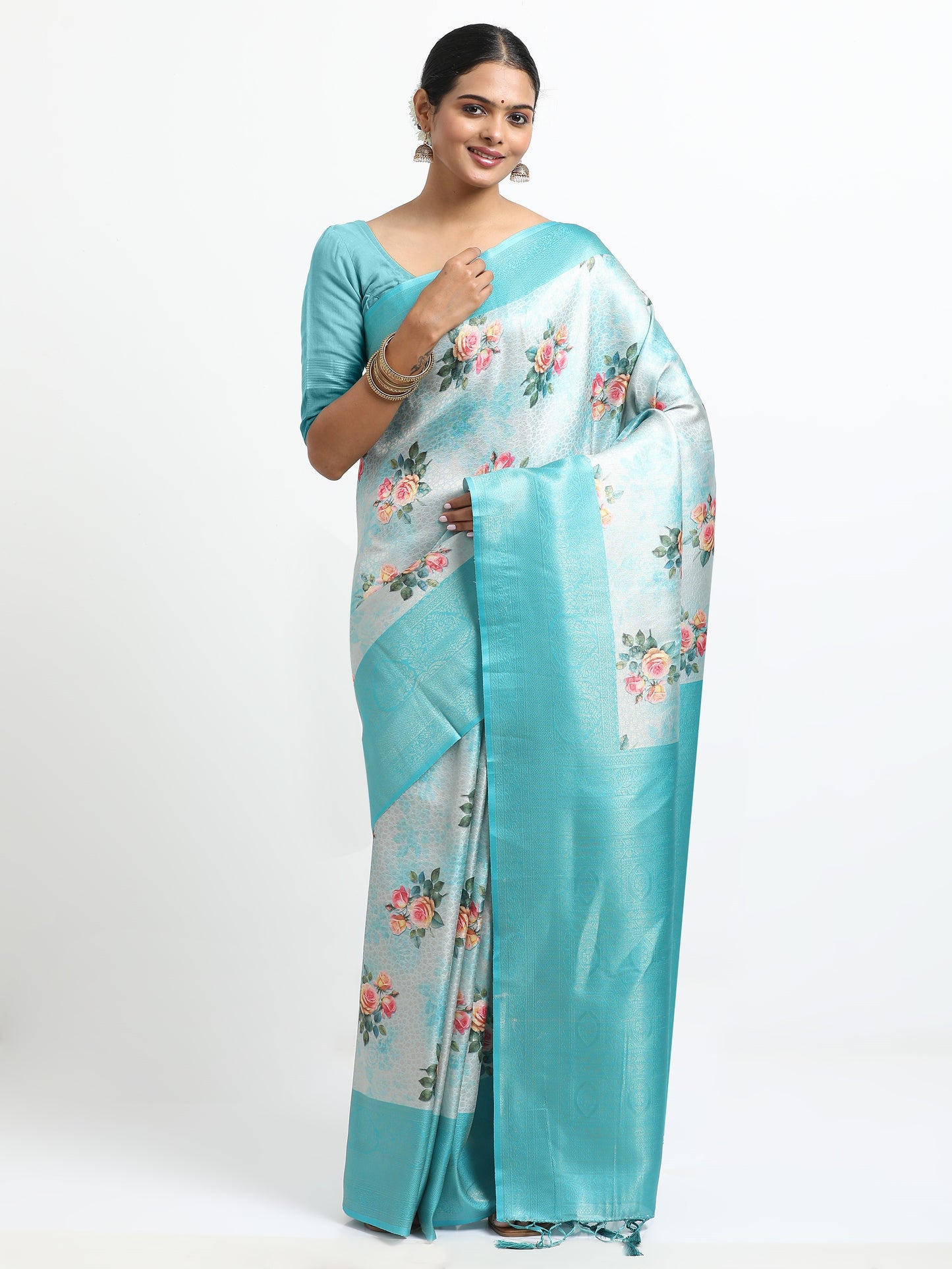 Alice Blue silk saree with matching unstitched blouse