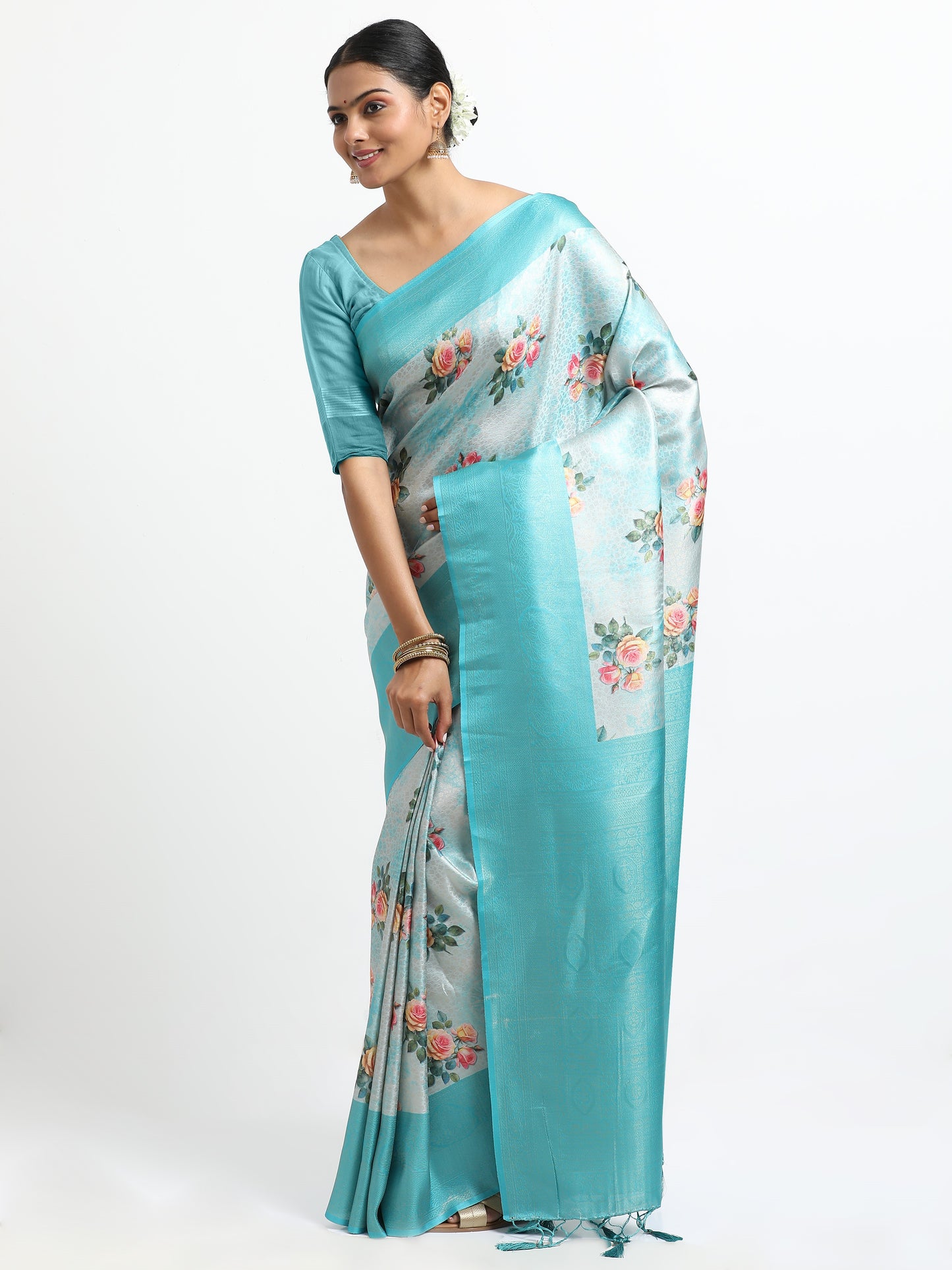 Alice Blue silk saree with matching unstitched blouse