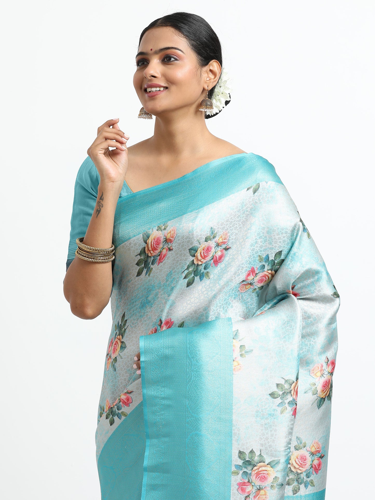 Alice Blue silk saree with matching unstitched blouse