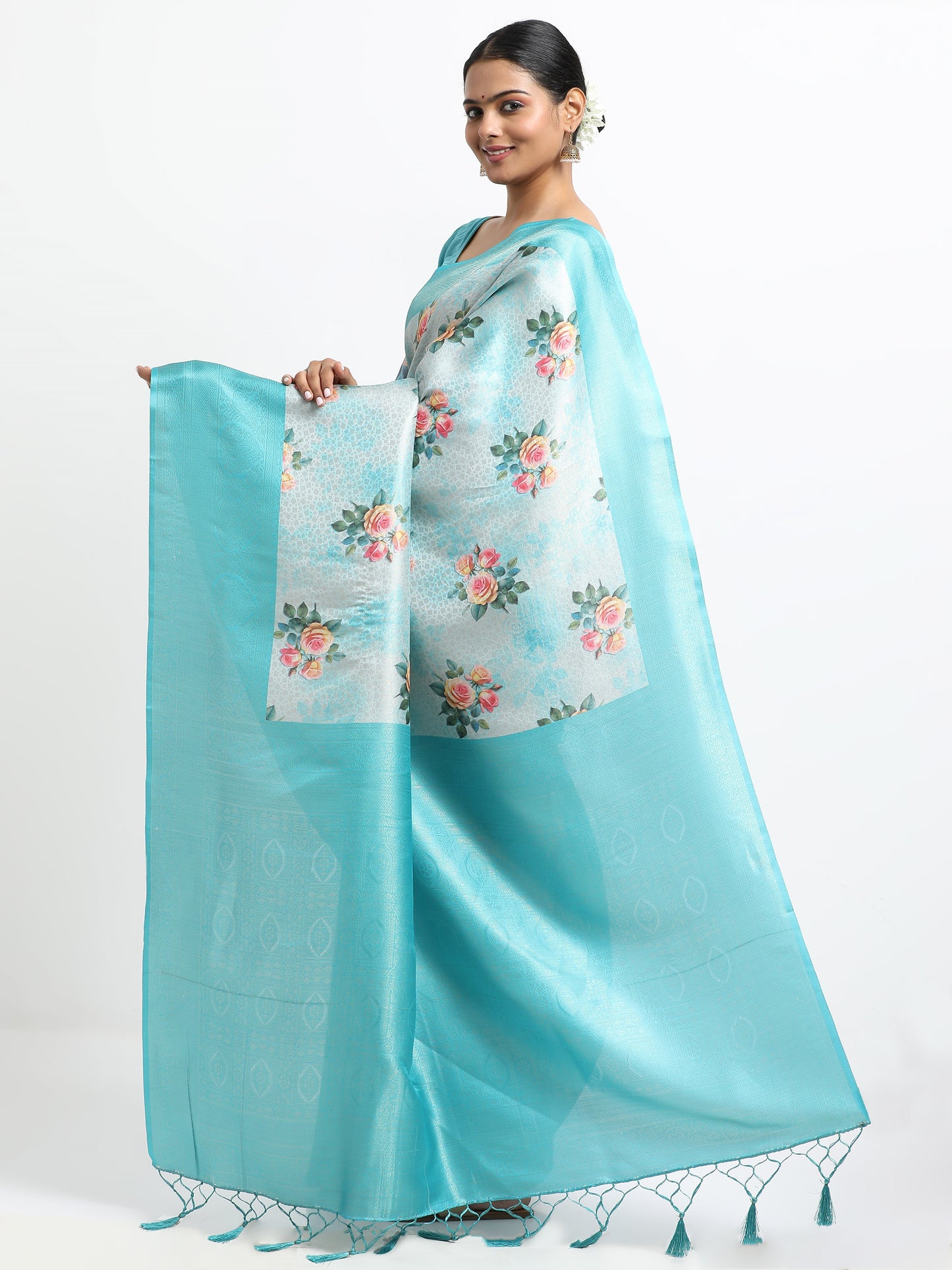 Alice Blue silk saree with matching unstitched blouse